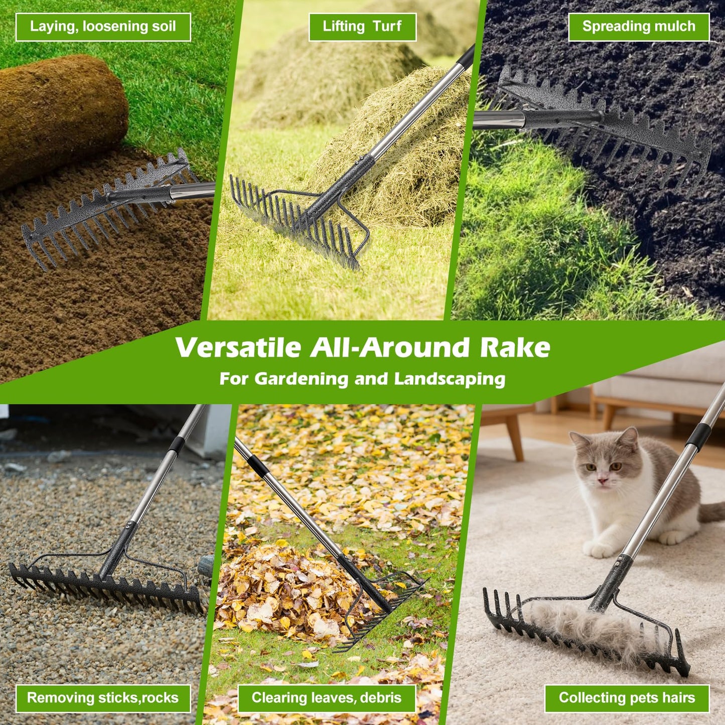 63" Bow Rake,Heavy Duty Metal Garden Rake for Moving Gravel Loosening Soil Leveling Ground Gathering Leaf Debris Spreading Mulch, 17 Tines,Adjustable Handle, for Lawn Garden Farm Landscape Work
