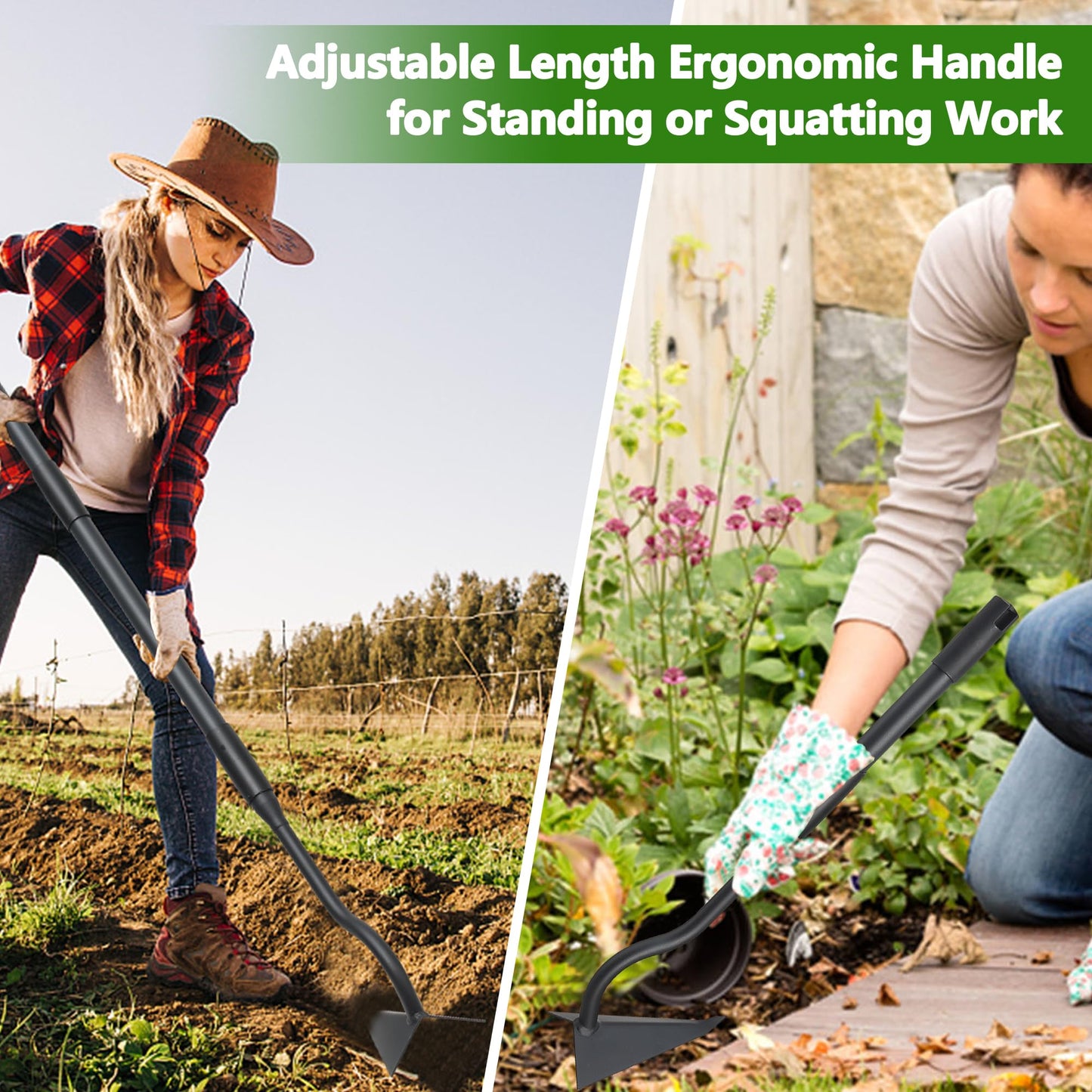LLARGUEST Hoe Garden Tool, Triangle Garden Hoe for Digging Cutting Trenches Loosen Soil Heavy Duty Hand Weed Hoe Long Handle 59 Inch