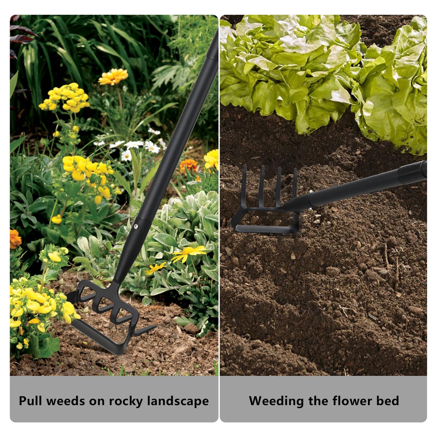 BsBsBest Hoe Garden Tools, 37-62 Inch Gardening Tools for Weeding, Stirrup Hoe Long Handle for Yard Weed Puller, Scuffle Hula Adjustable Weeding Loop Hoe for Lawn, Vegetable, Soil, Planting Black