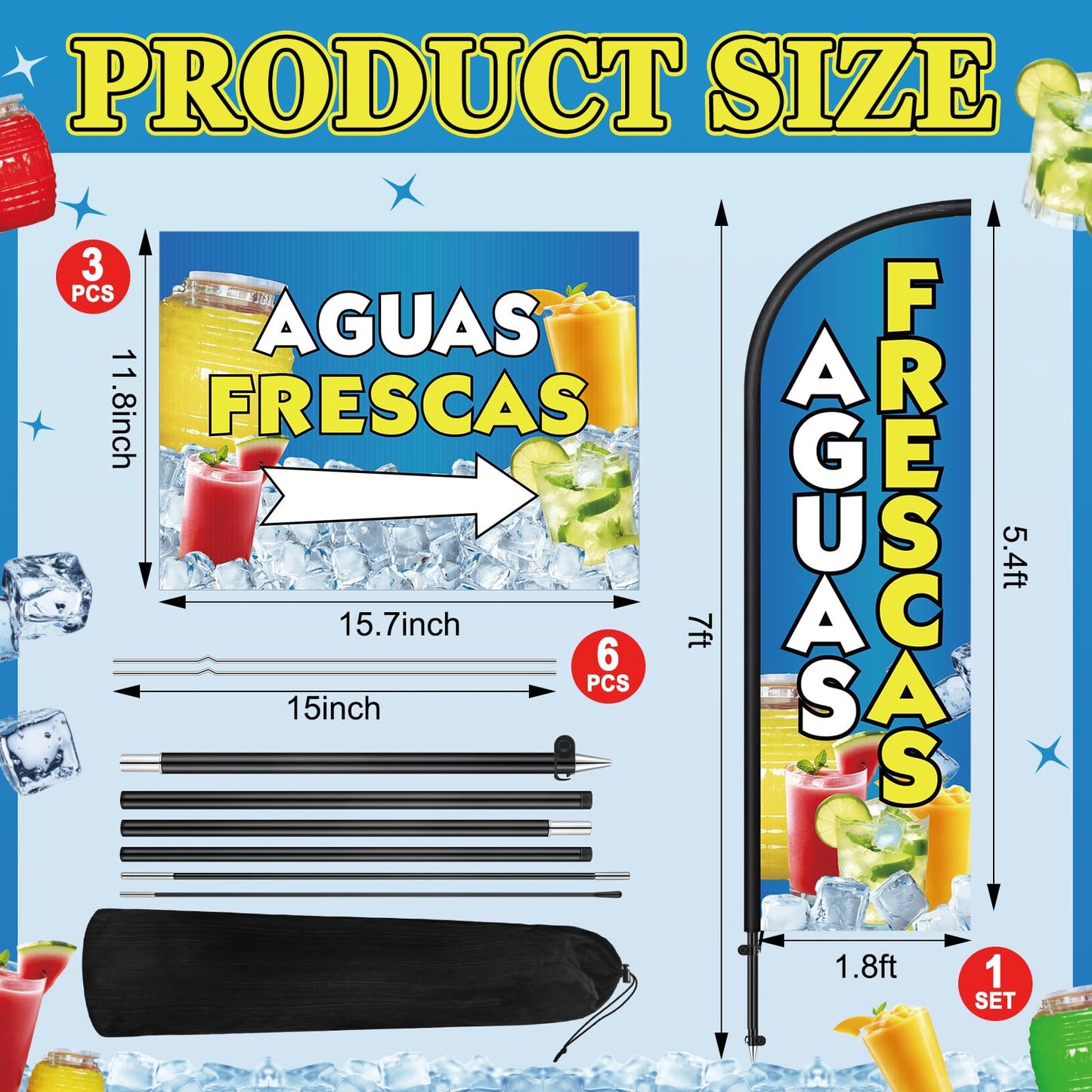Hahafelt 5 Pcs Aguas Frescas Stand Decor Kit Swooper Feather Flag with Pole Yard Sign and Banner for Outside Advertising Business Lawn Outdoor Decorations