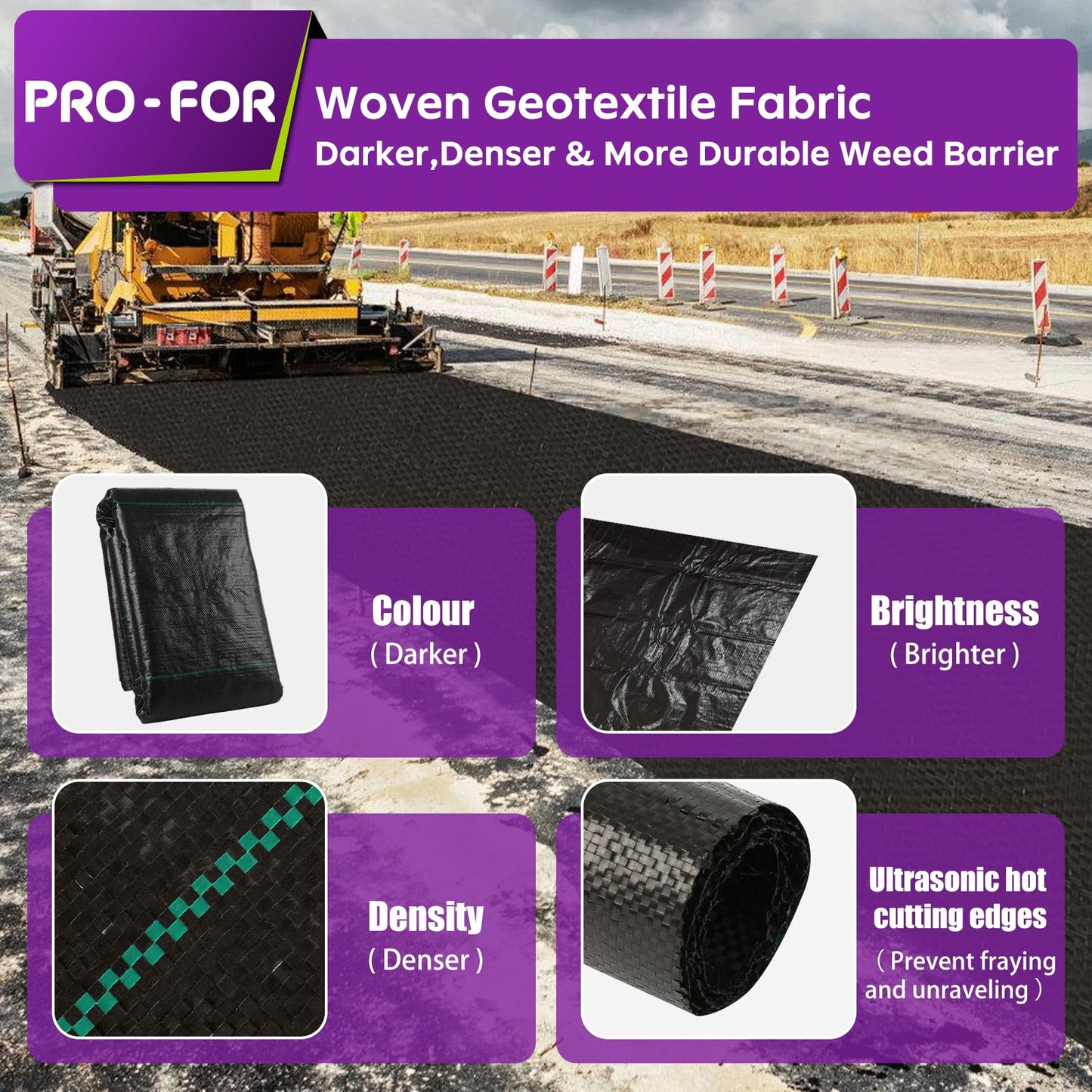 PRO-FOR 3FT x 100FT 3.2oz Heavy Duty Weed Barrier Landscape Fabric – Premium Woven Ground Cover for Gardening, Farming & Driveways, Breathable Weed Control Cloth with 10 U-Shaped Securing Pegs