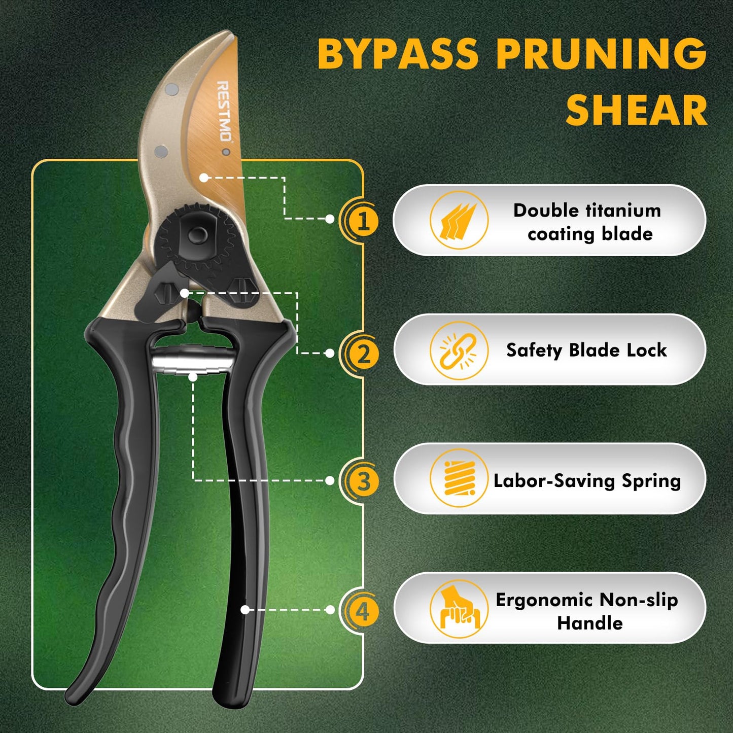 RESTMO 8.6" Professional Pruning Shears, Premium Titanium SKS5 Steel Blade for Long-Lasting Sharpness, Forged Aluminum Handles for Durability, Bypass Pruners for Gardening, Clippers & Scissor Tool