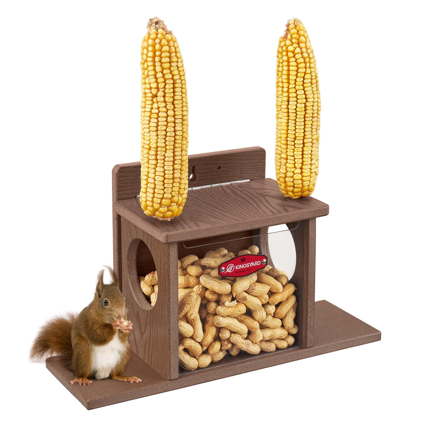 Kingsyard Squirrel Feeder Box for Outside, Recycled Plastic Squirrel Feeder Box with Corn Cob Holders, Easy to Refill & Clean, Weather-Proof (Brown)