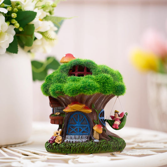 TERESA'S COLLECTIONS Fairy House Outdoor Statues with Solar Light for Garden Decor, Green Moss Resin Outdoor Cottage with Swinging Fairy, Lawn Ornaments Yard Decor Gifts for Mom Women, 5.1"