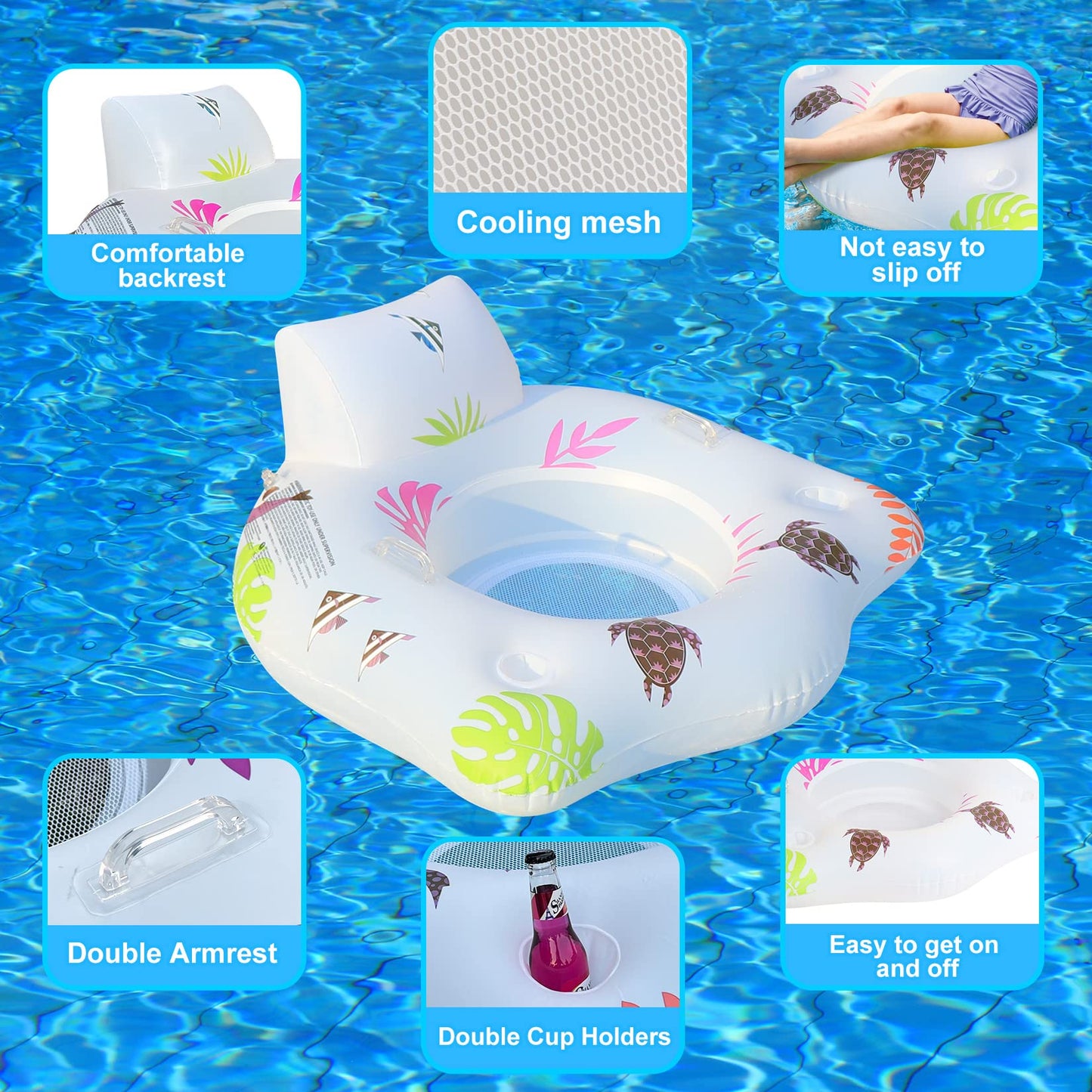 DeeprBlu Inflatable Pool Floats Chair with Color Changing Light, Solar Water Floats for Adults with 2 Cup Holders & 2 Armrests, Beach Float Pool Sofa, Pool Raft Lounge Pool Floaties for Adult