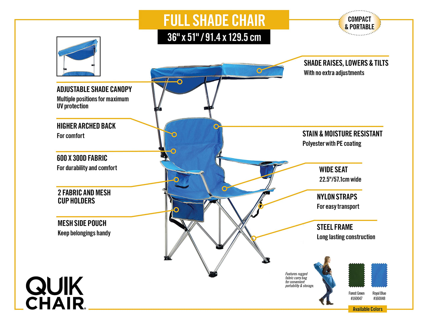 Quik Shade Full Size Shade Folding Chair for Camping, Polyester, Arm Rest|Foldable, Royal Blue, 2'L x 3'W x 4.3'H (160048DS)