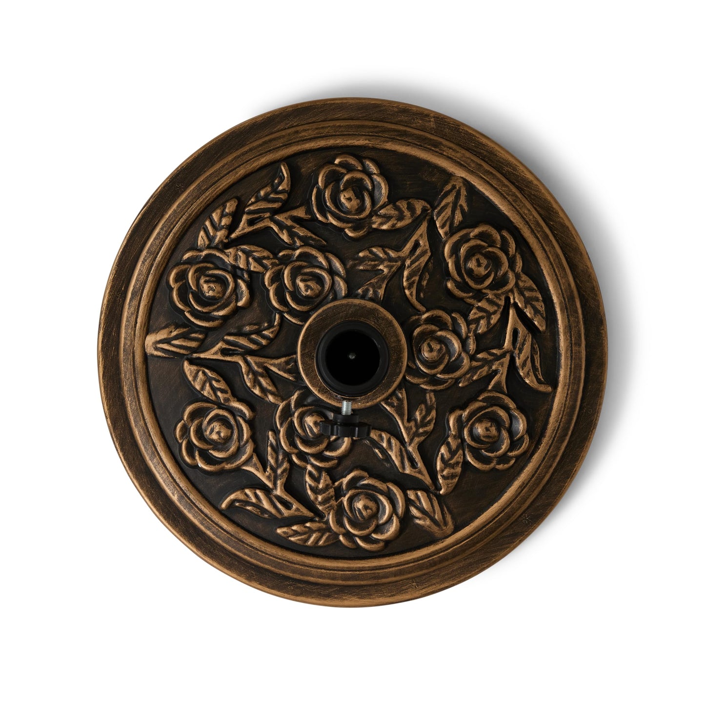 Backyard Expressions 20 lb Patio Umbrella Base Stand, Decorative Rose Medallion Antique Bronze Finish, Fits 1.5–1.9 in Poles w/Adapters, 18 in Round Weighted Outdoor Umbrella Holder for Deck & Table