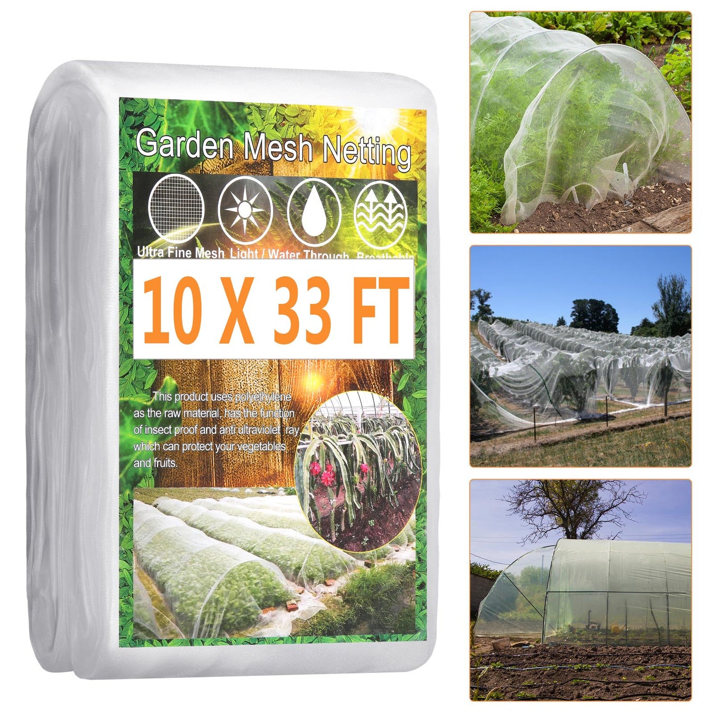 Fippy 10 X 33FT Garden Mesh Insect Netting Pest Barrier, Garden Bug Netting Plant Mesh for Raised Beds Blueberry Bushes, Figs, Plants, Vegetables Protection