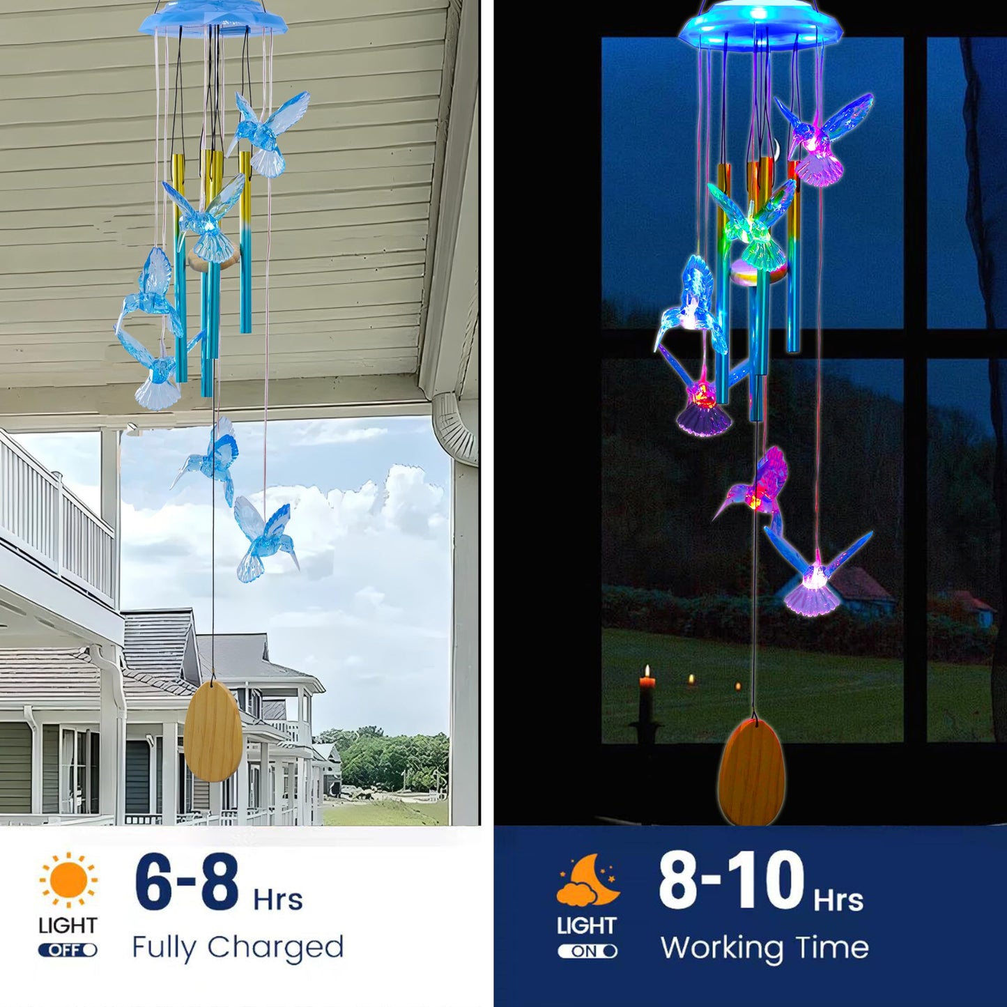 Outdoor Solar Wind Chime Decoration, Mother's Day Birthday Gifts for Grandma, Mom and Family, Outdoor Garden and Courtyard Wind Chime Accessories (Blue Hummingbird)
