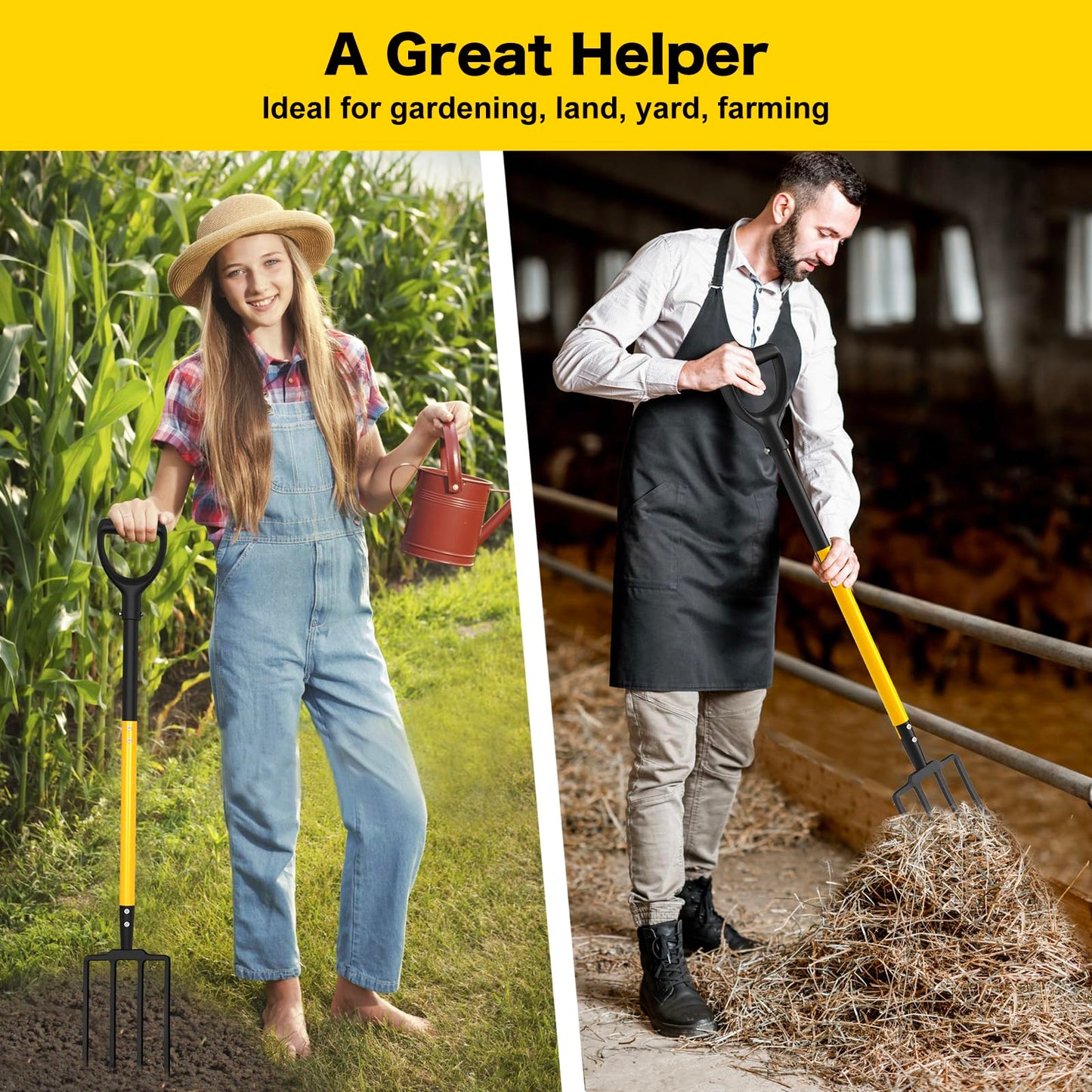 Pitch Fork, 4 Tine Heavy Duty Garden Fork with Ergonomic No-Slip D-Grip Handles, 45 Inches Long Handle Spading Fork, Perfect for Gardening Digging, Land Management, Yard work, Farming (Black)
