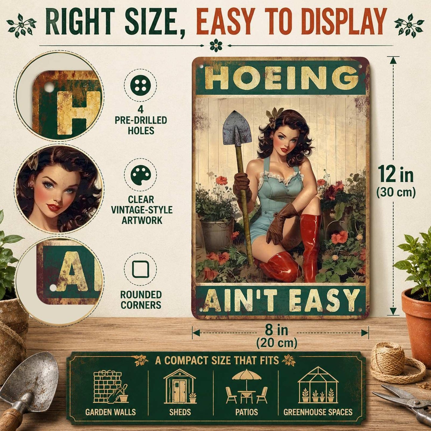 PEACHGARDEN Garden Signs Yard Art Hoeing Ain't Easy Funny Garden Aluminum Metal Sign for Outside Patio Backyard Greenhouse Decor, 8x12 Inch