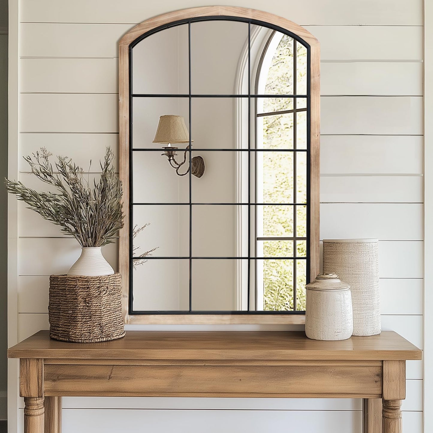 IPOUF Arch Window Mirror, 30X48 Farmhouse Arch Wall Mirror, Wood Framed Rustic Mirror Metal Inner Frame Decorative for Entryway & Living Room,Natural