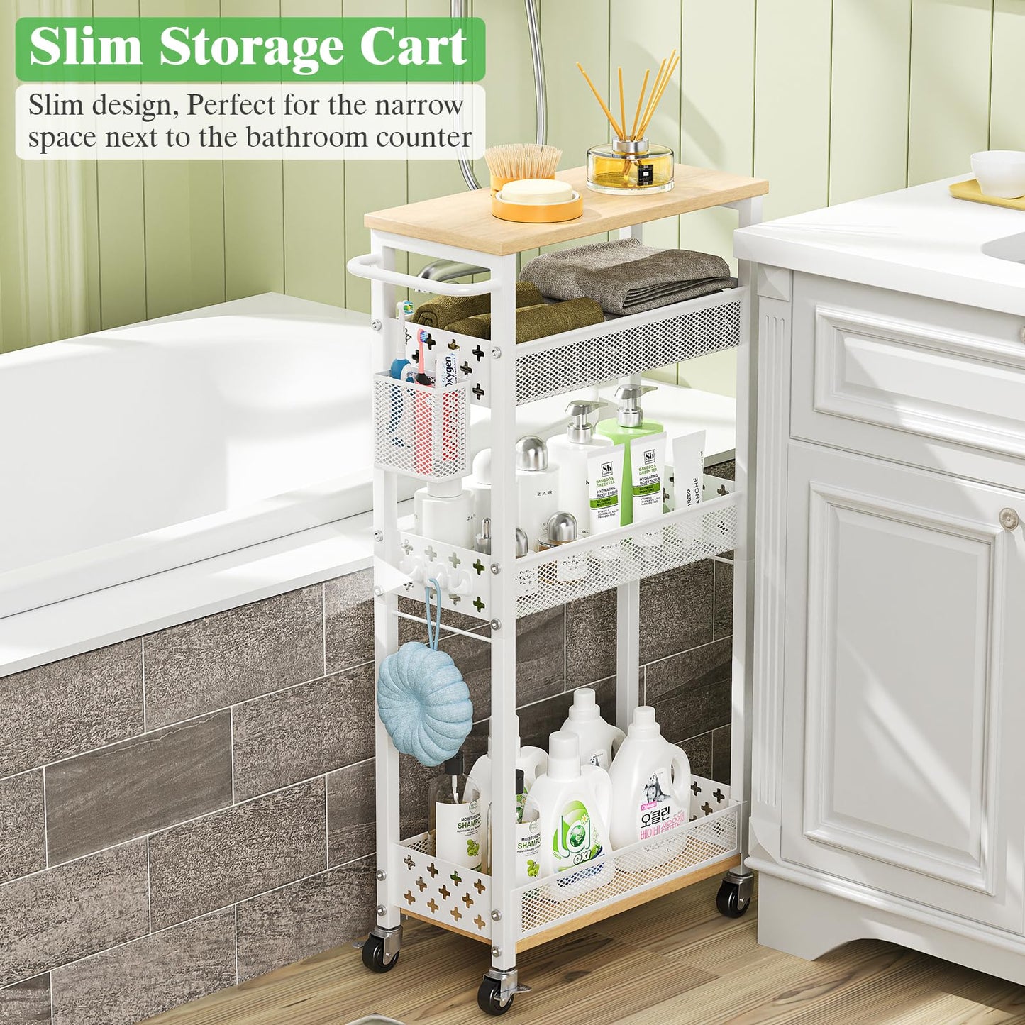 MJIMKE Slim Storage Cart with Wheels - 4 Tier Utility Narrow Rolling Cart with Wood Top, Metal Trolley for Bathroom Laundry Kitchen Organization with Handle, 7.1 inch Wide for Small Space, White