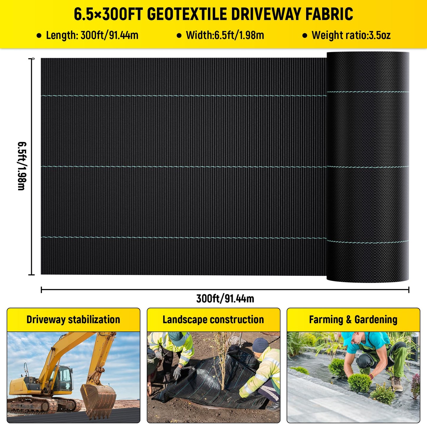 Doniks 6.5x300ft Driveway Fabric,3.5OZ Commercial Heavy Duty Weed Barrier Fabric, Garden Landscape Fabric,French Drain Fabric for Erosion Control,Landscape Fabric,Weed Barrier,Construction Projects
