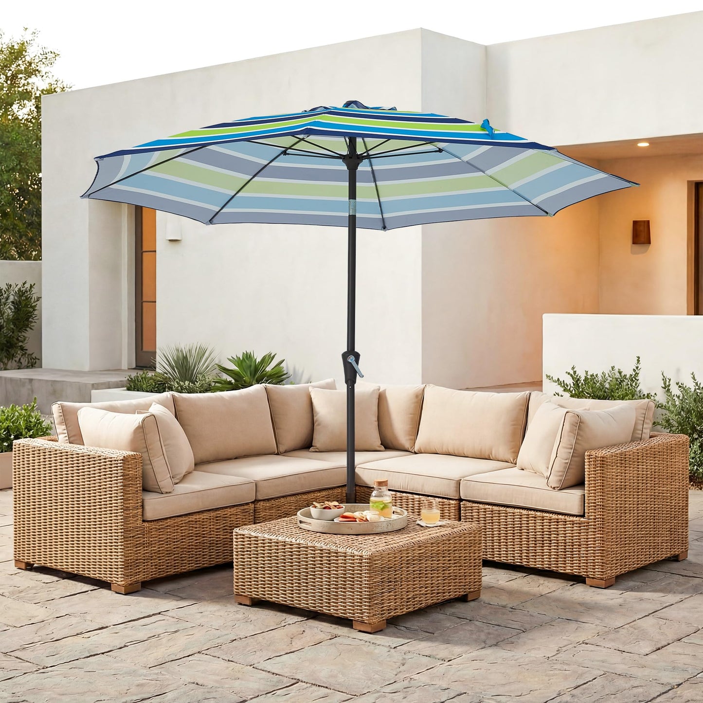JEAREY 9FT Outdoor Patio Umbrella,Market Table Umbrella with 8 Fiberglass Ribs, Pool Umbrella with Tilt and Crank, UV Protection Lightweight & Wind-Resistant for Lawn, Garden, Deck and Backyard, Blue-Green Stripe