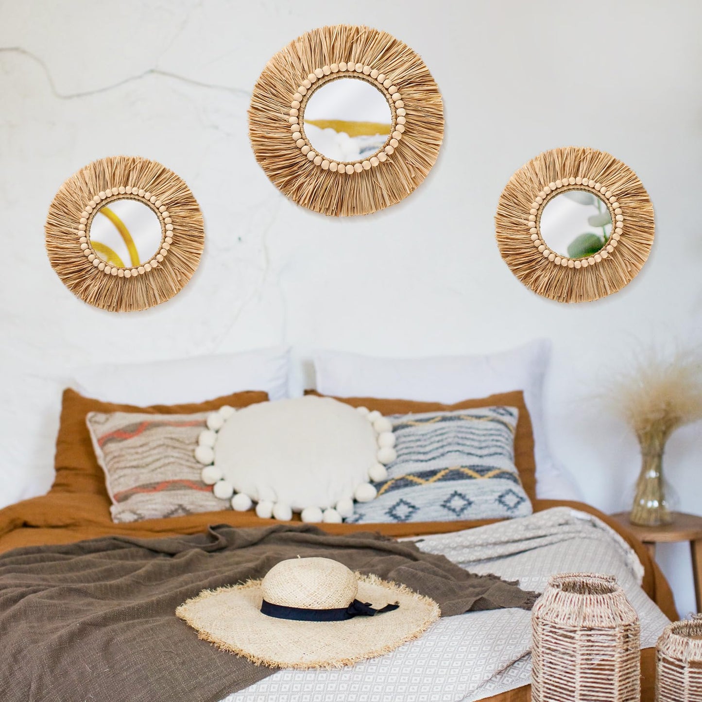 Gulfmew 3 Pcs Boho Raffia Mirror Wall Hanging Decor 15.8 Inch 11.8 Inch Rustic Round Boho Circle Mirrors with Wood Bead Farmhouse Aesthetic Nursery Mirrors for Bedroom Living Room Bathroom Wall Decor