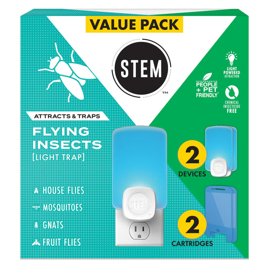 STEM Flying Insect Trap - Indoor Fruit Fly & Gnat Catcher for Home, Kitchen & Any Room, Attracts & Traps Bugs, Soft Blue UV Light - Includes 2 Plug-In Devices & 2 Cartridges