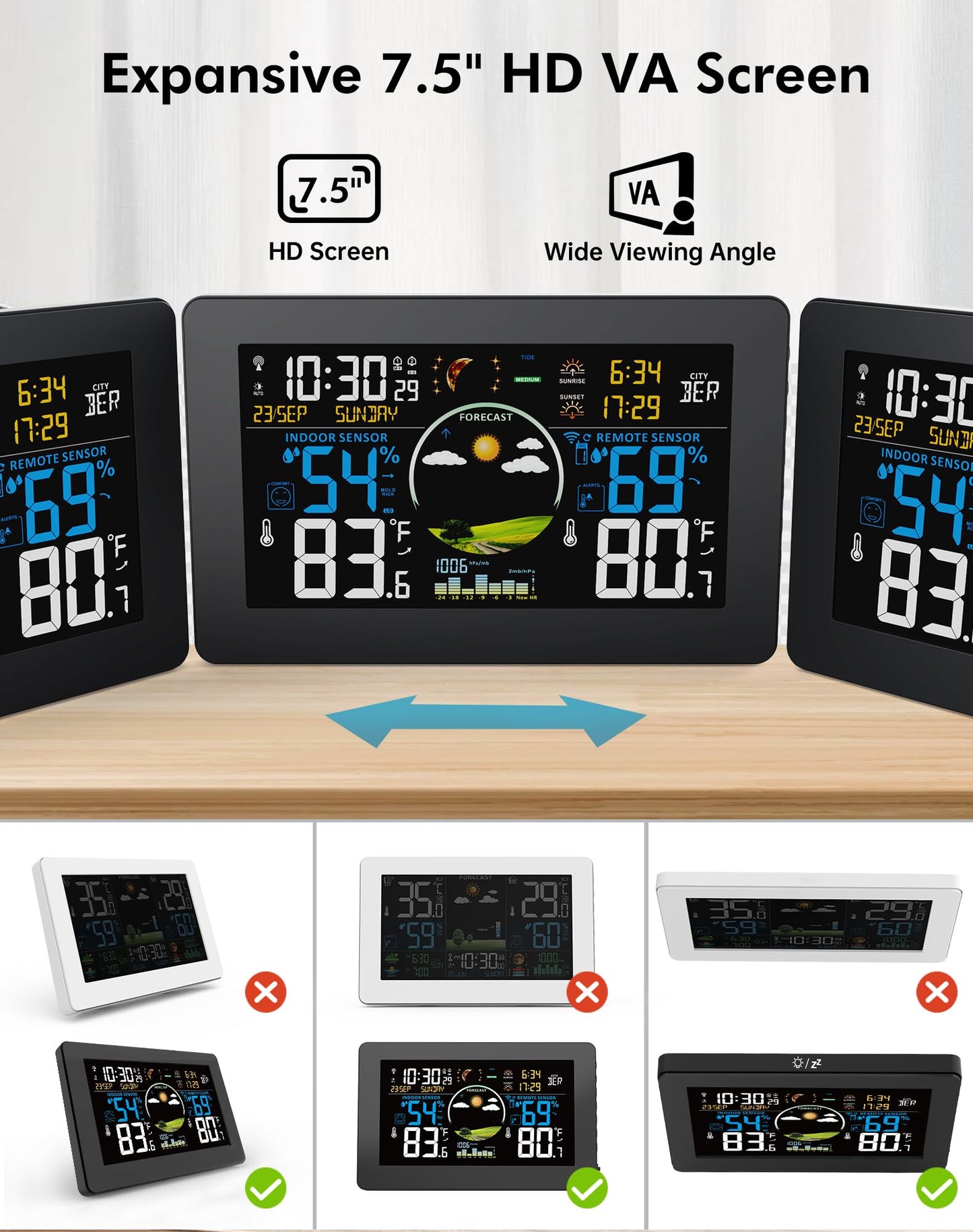 Zivron Weather Station Wireless Indoor Outdoor Thermometer, 7.5" VA Display with Remote Sensor, Home Weather Station with Weather Forecast, Temperature, Humidity, Atomic Clock, Black
