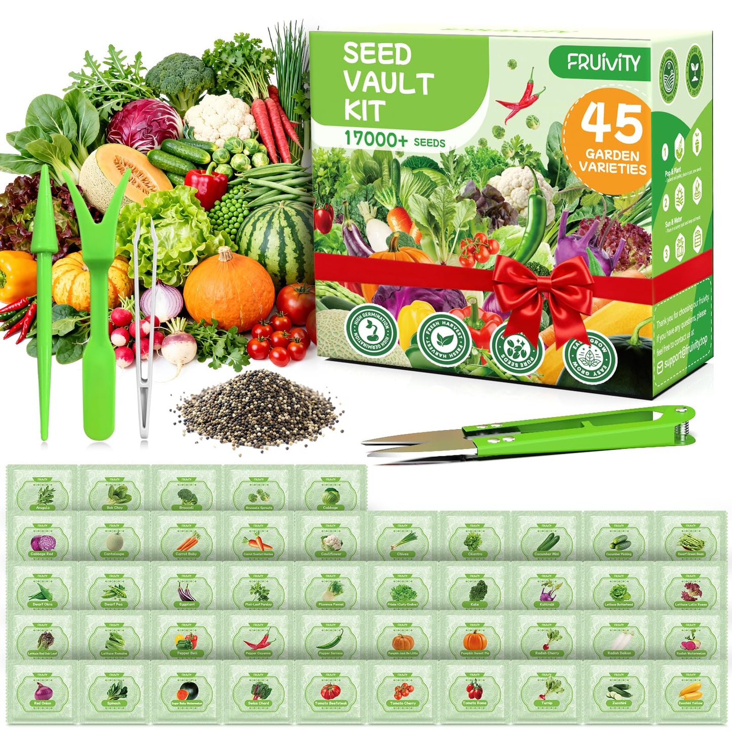 Fruivity 45 Vegetable Seeds Variety Pack - 17,000+ Garden Seeds for Planting Indoor & Outdoor - Seed Vault Kit with Tomato, Cabbage, Spinach - for Hydroponic, Women, Friend Gift
