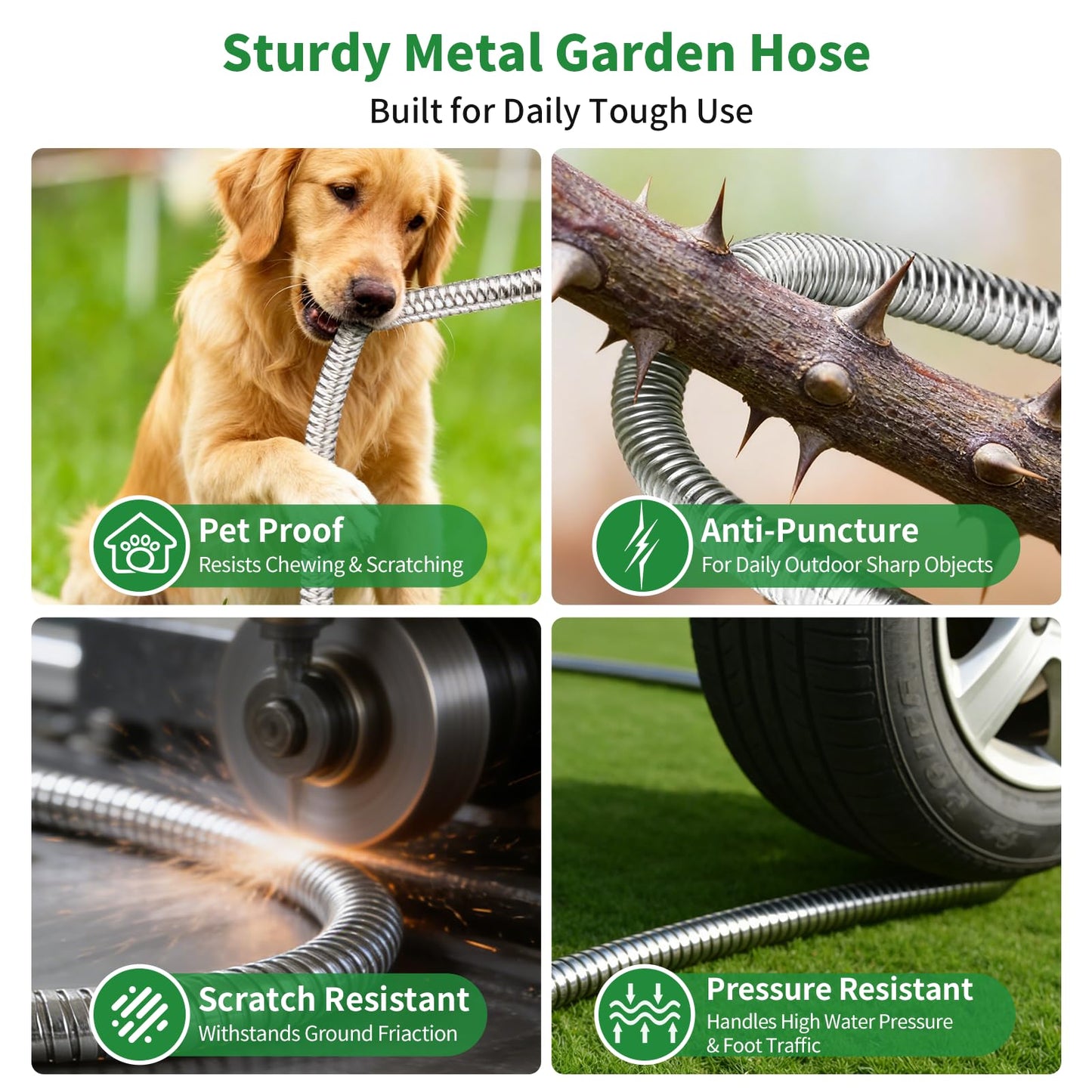 50 ft Metal Garden Hose with Dual Sprayer Set (10 & 6 Patterns), Professional 304 Stainless Steel Flexible Hose, 600 PSI High Pressure Resistant, Leak-Proof Water Hose for Car Wash & Lawn.