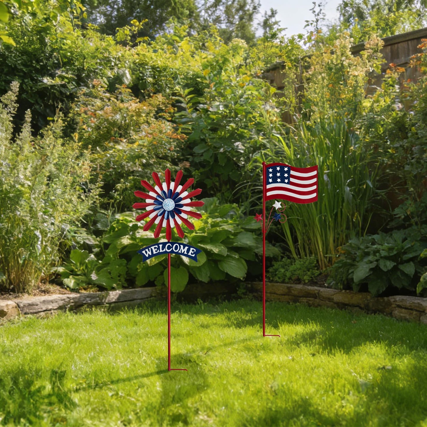 A ANLEOLIFE Decorative Garden Stakes for Outside, Metal Garden Decor Rustic American Flag and Welcome Sign, Yard Stakes Indoor & Outdoor Patio Lawn