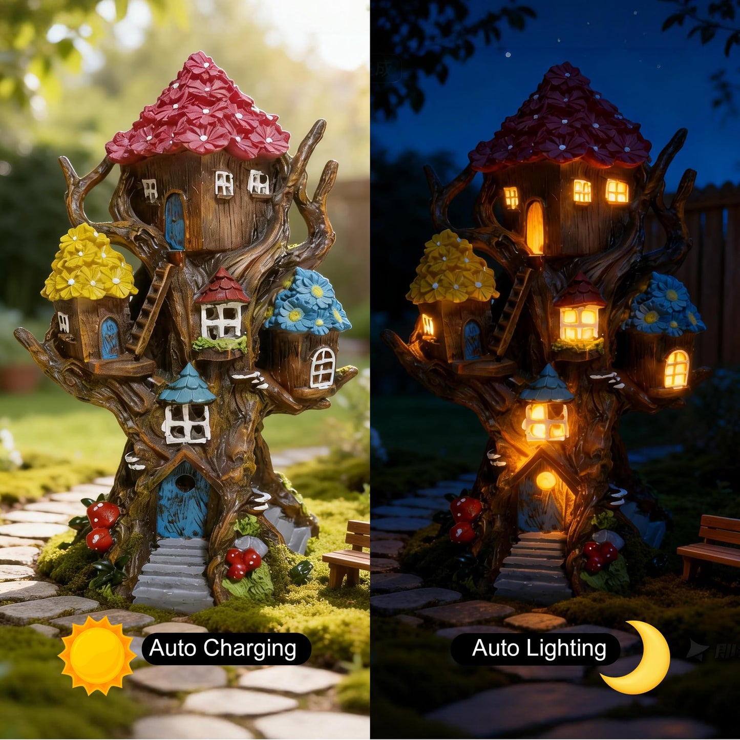 BLBYHO Solar Fairy House Large Fairy Garden Treehouse for Outside, Fairy Garden Accessories Outdoor, Garden Statues Fairy Tree House, for Home, Yard, Balcony Decor, Birthday Gifts for Kids