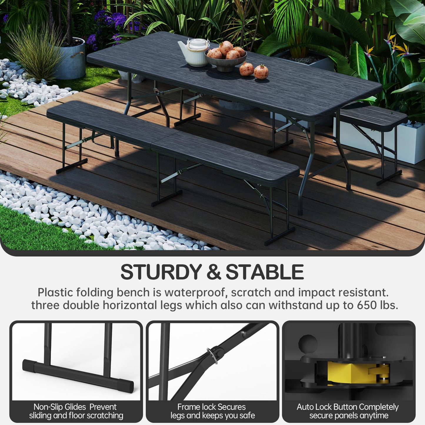 VSOAEIL 6 Foot Folding Bench, Portable Plastic Folding Bench Seat, Foldable Seat for Indoor Outdoor Picnic Camping Dining, Soccer Garden Multipurpose Entertaining Activities, Black