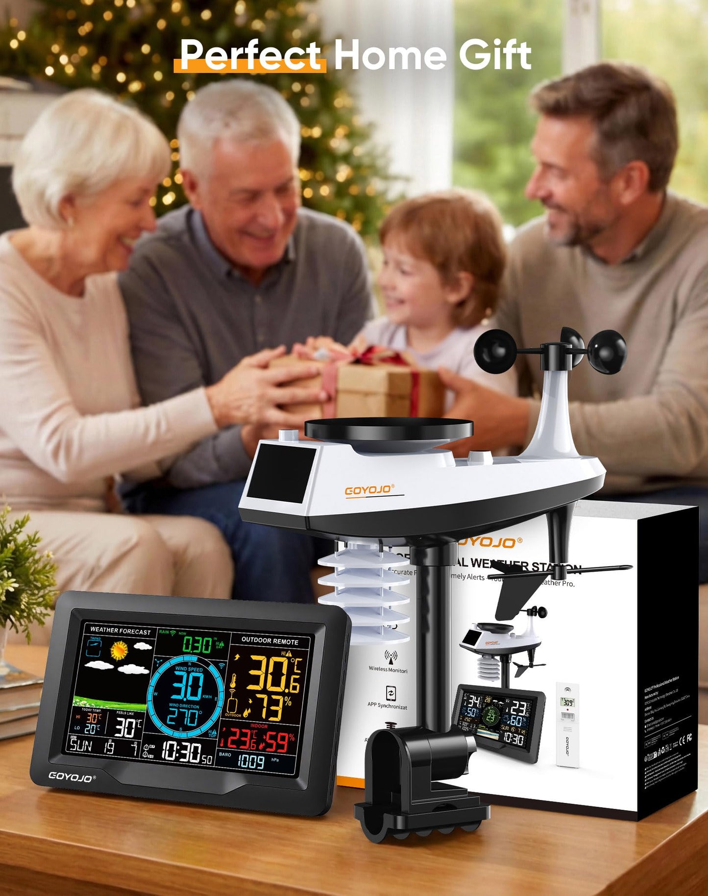 Wireless Weather Station with Color LCD Display, Temperature, Humidity, Wind Speed, Rainfall, 7 Languages, USB Charging, 3-Channel Sensors, 433.92MHz Signal (No WiFi)