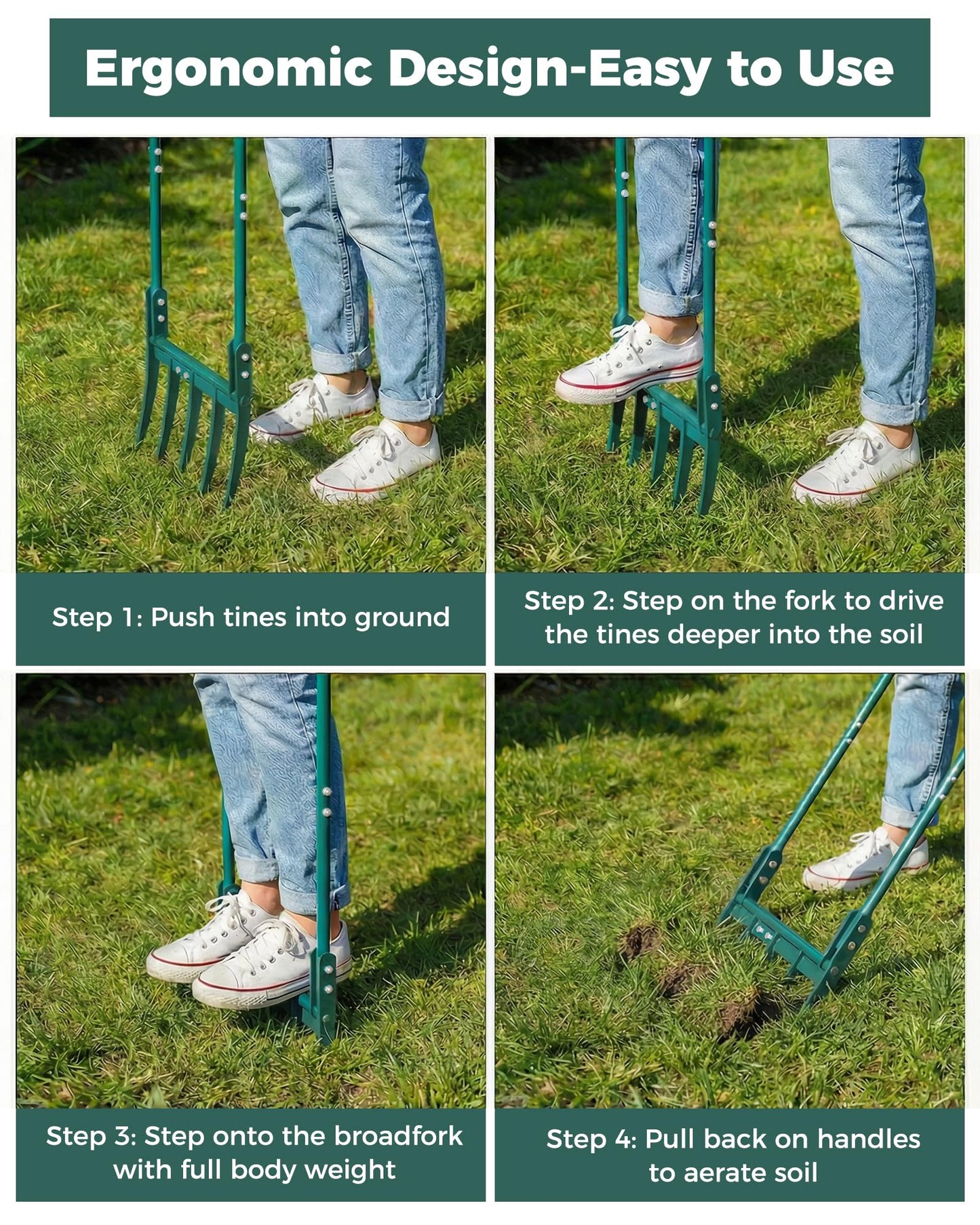 Forvenora Heavy Duty Broadfork Garden Tool, 5-Tine Manual Soil Tiller for Deep Digging & Turning Soil, 54" Long Broad Fork for Farm and Home Garden