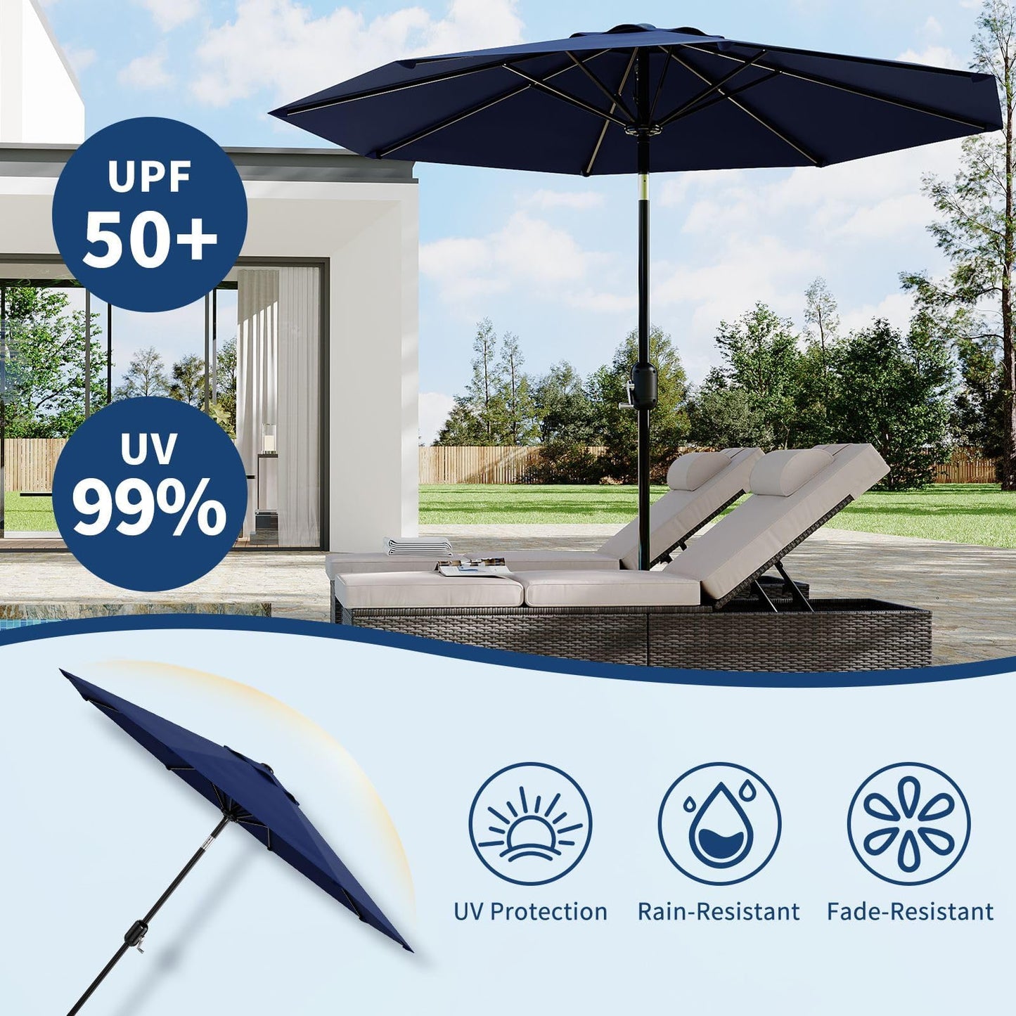Garvee 9 ft Patio Umbrella - 8 Sturdy Ribs Outdoor Table Umbrella with Crank Lift & Push Button Tilt - Market Umbrella for Pool, Deck, Yard, Garden - Navy Blue