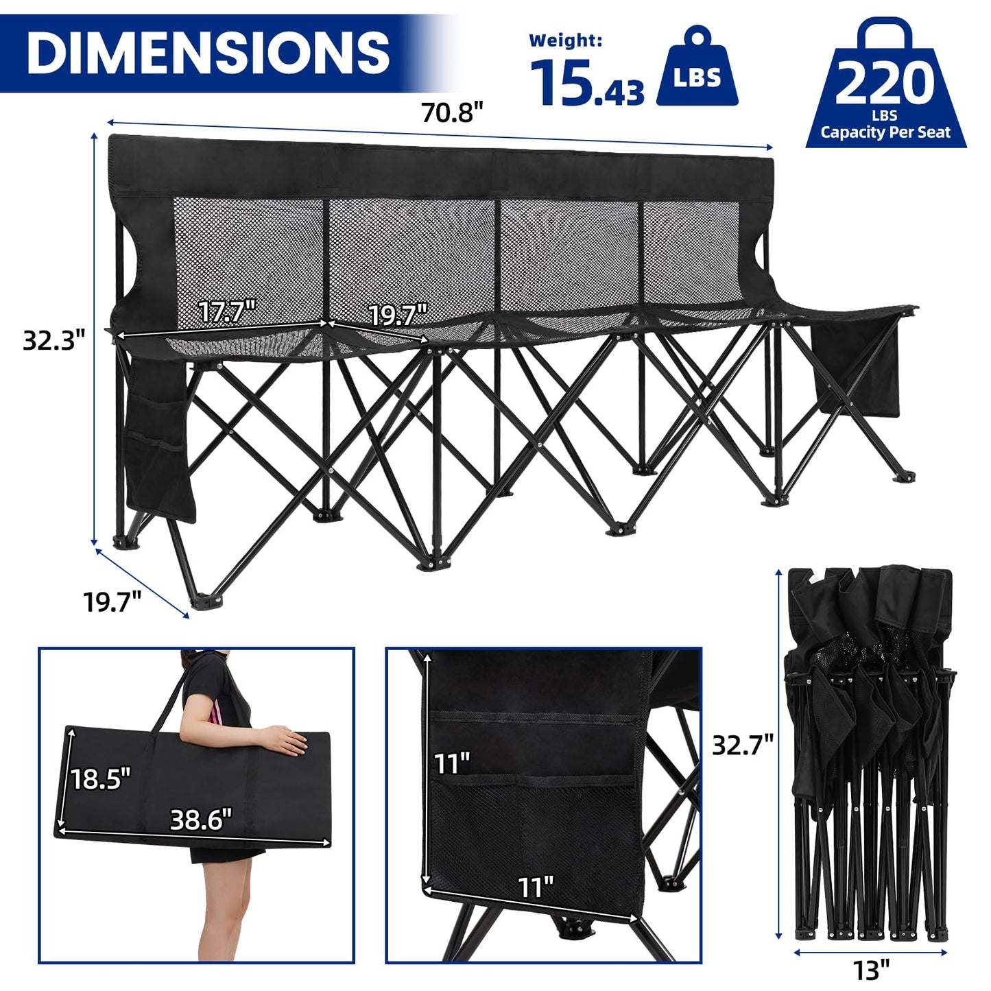 Permade Soccer Bench- Folding Team Bench Soccer 4 Seats, Portable Sideline Sports Benches with Mesh Seat and Back with Bag, Foldable Breathable Chairs for Sports Football Camp Events (Black