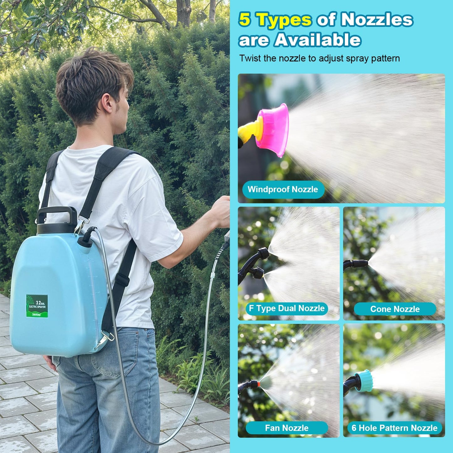 SideKing 3.2 Gallon Battery Powered Backpack Sprayer, Electric Back Pack Sprayer with 3 Spray Speed, Battery Indicator, Rechargeable Handle, 40" Telescopic Wand, 5 Mist Nozzles, for Lawn and Garden