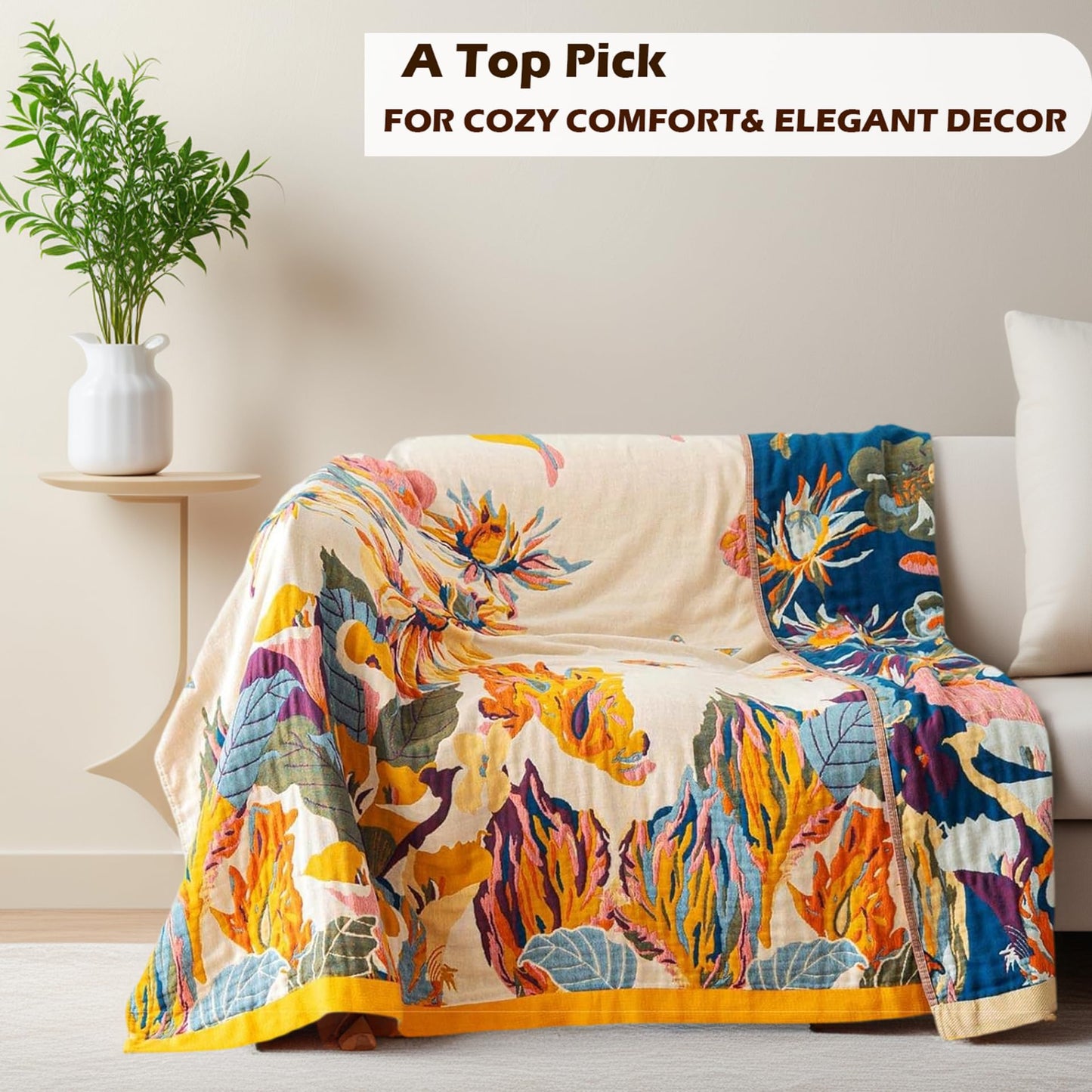 VANJOROY Boho Throw Blanket 60" x 80", 100% Organic Cotton Skin-Friendly Lightweight Ultra Soft Bed Quilt Throw - Spring Floral Butterfly Farmhouse Decor Blanket for Sofa Couch Chair and Gift.