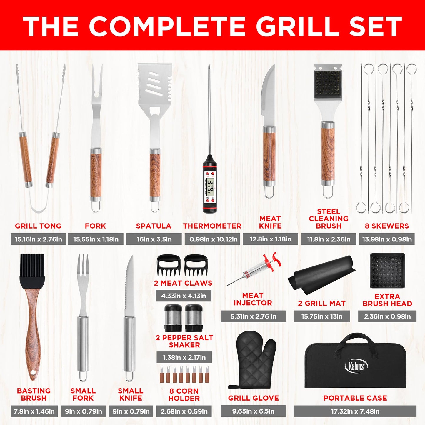 Kaluns 35PC BBQ Grill Tools Set – Heavy Duty Stainless Steel Grill Accessories Kit with Case, Meat Thermometer, Injector, Claws & Mats for Dad, Men