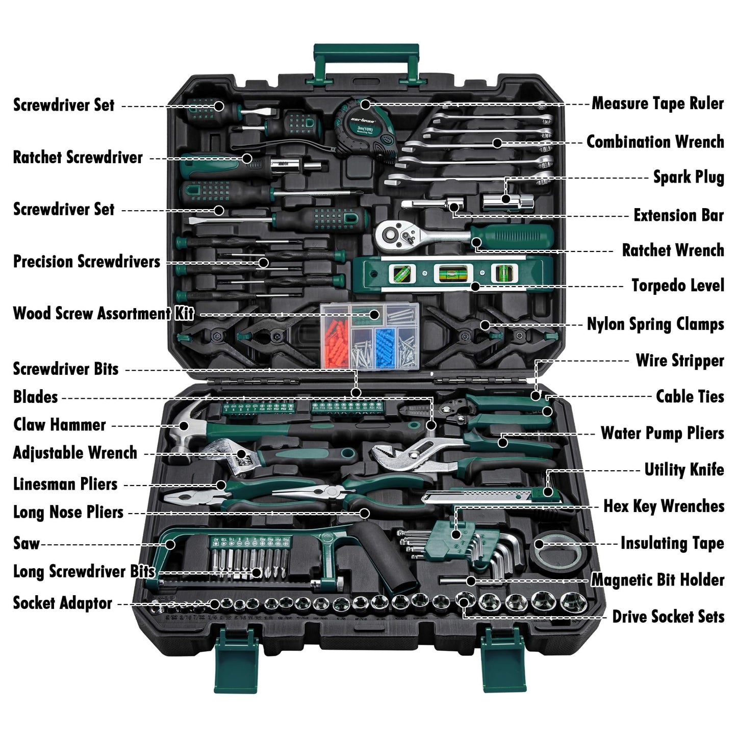 CARTMAN 238-Piece Tool Set with Socket Wrench & Auto Repair Tools Mixed General Household Hand Tool Kit, Green Plastic Toolbox Storage Case Comprehensive DIY, Home & Car Maintenance
