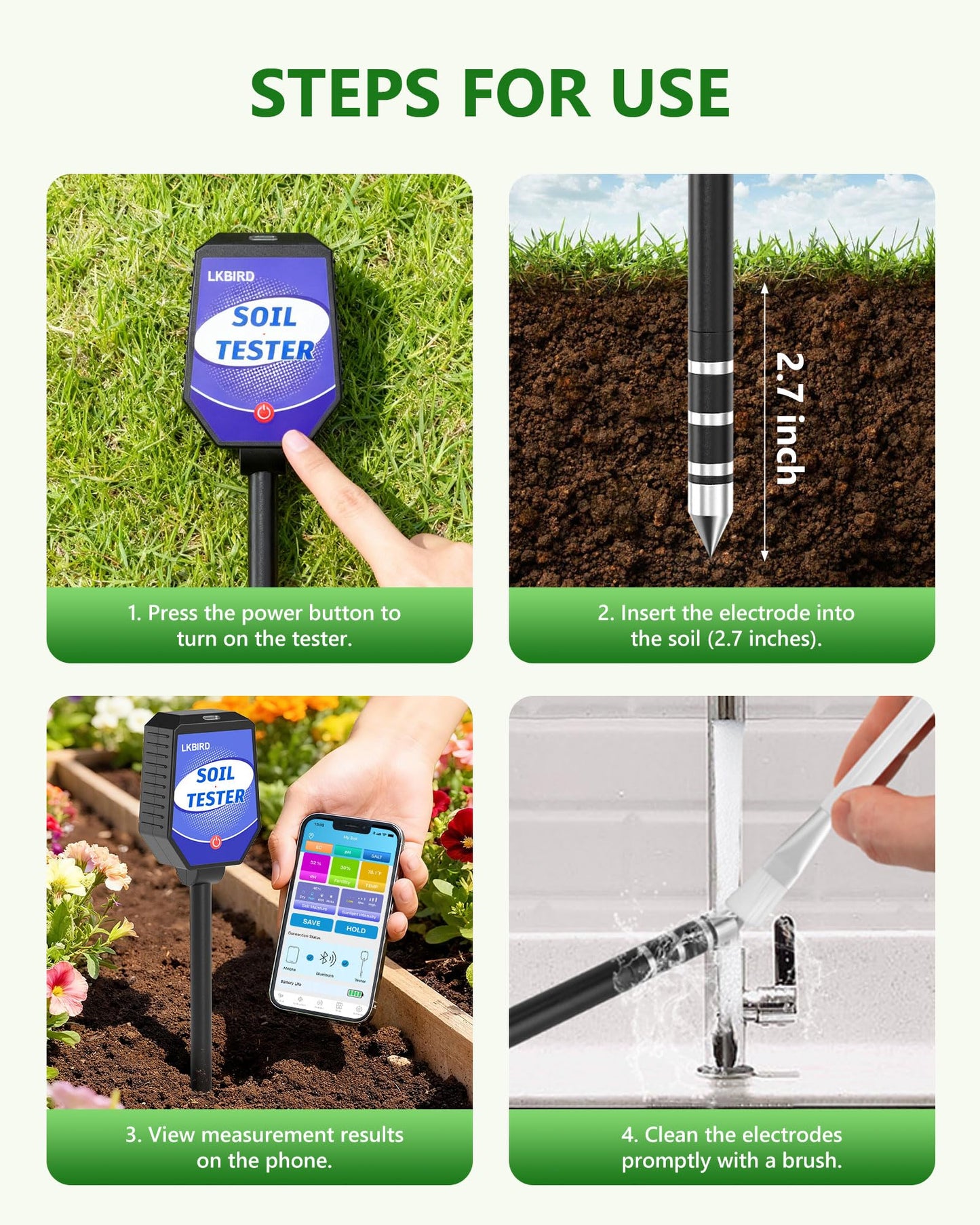 8-in-1 Soil Moisture Tester with APP Monitoring, Soil Moisture pH Meter, Light, Salinity, Fertility, EC, Temperature, Humidity Soil Test Kit for Garden, Farming, Lawns, Indoor & Outdoor Plants.