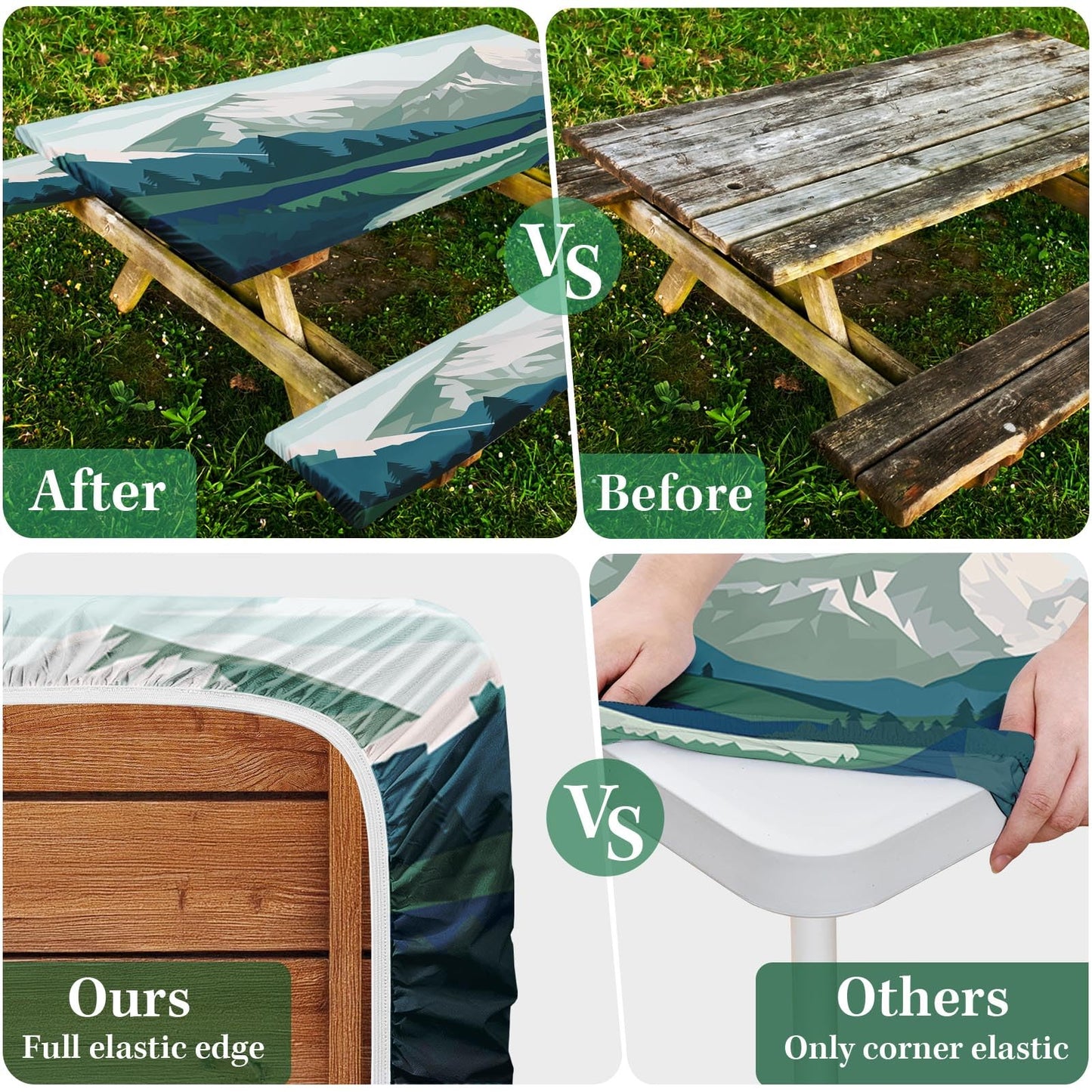 Britown 3 Piece Fitted Picnic Table Cover with Bench Covers, 72"x30" Full Elastic Edge Camping Tablecloth, Waterproof Wipeable RV Outdoor Patio Park Camping Essentials With Drawstring Bag (Mountain)