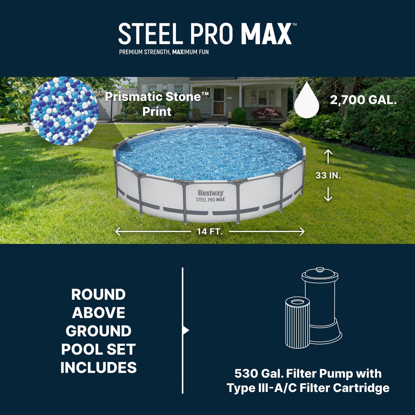 Bestway Steel Pro MAX 14' x 33" Round Above Ground Swimming Pool Set, 530 GPH Filter Pump, Tritech Puncture Resistant Liner, ClickConnect Steel Frame, Gray