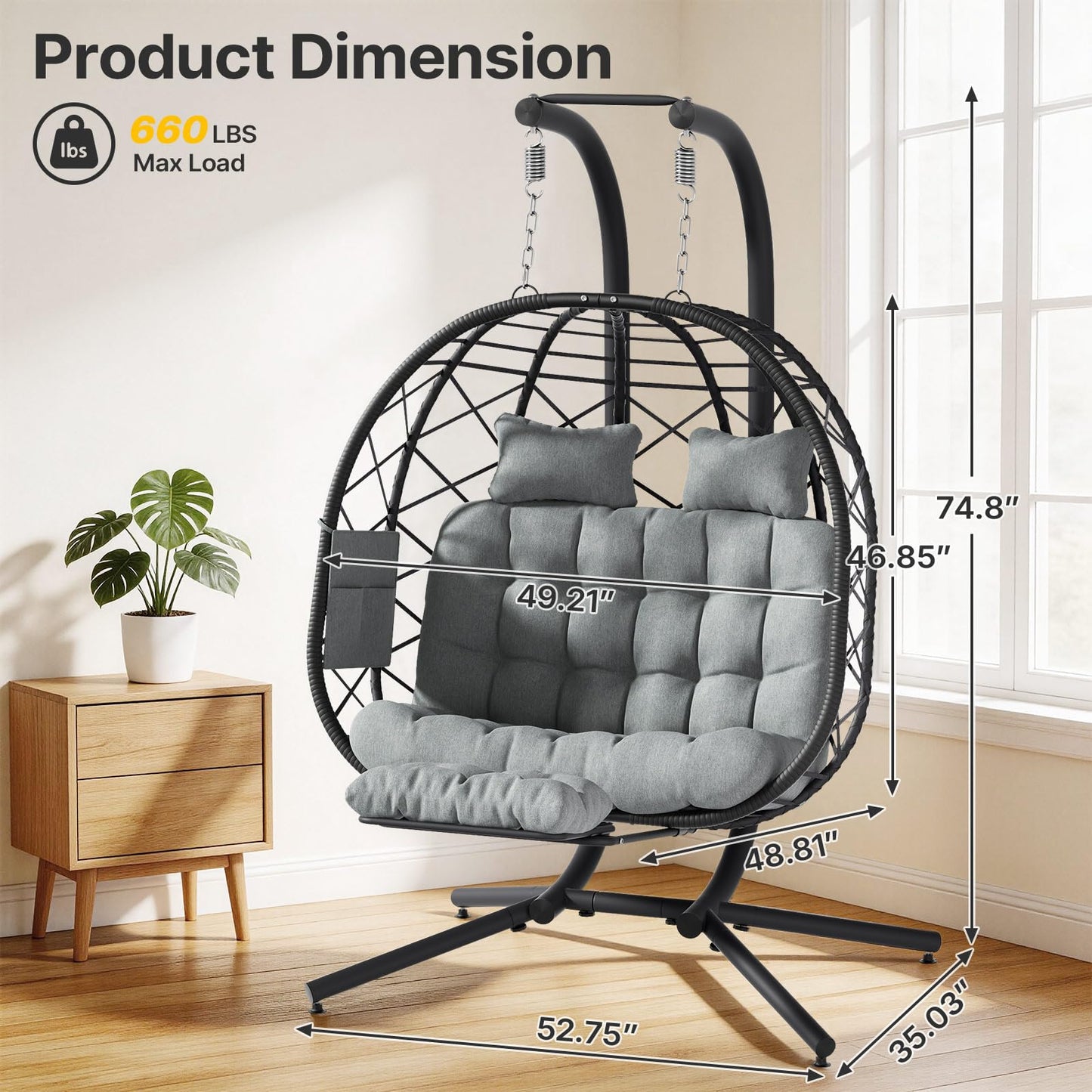 Suteck Double Hanging Egg Chair with Adjustable Footrest & Stand, Indoor Outdoor 2 Person Wicker Egg Swing Chair with Cushion, 660lbs Capacity for Patio, Bedroom, Garden - Grey