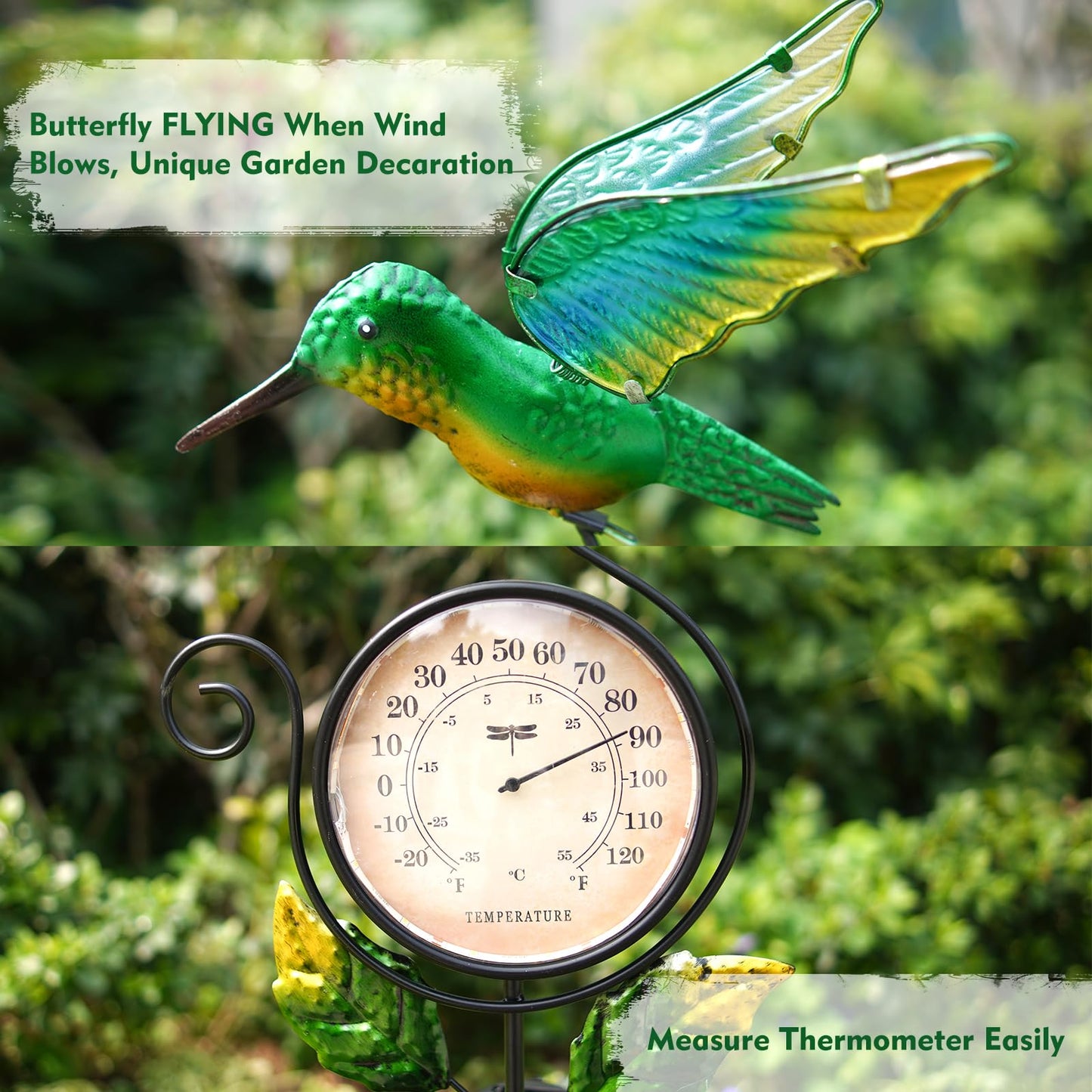 HONGLAND Outdoor Thermometer with Solar & Warm LED Lights, Metal Hummingbird Temperature Stake for Garden, Lawn, Patio, Waterproof Yard Decor