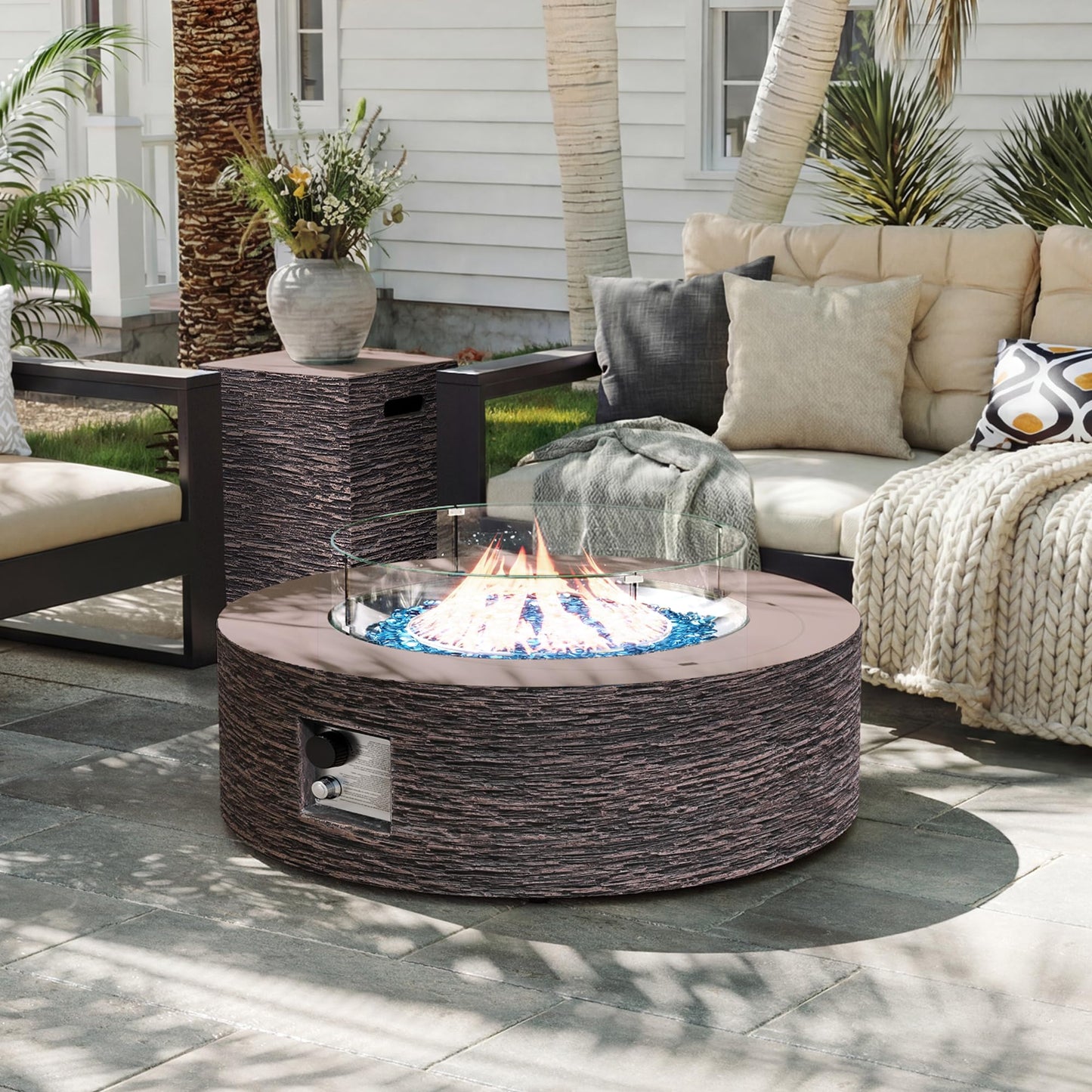 UPHA 42-inch Outdoor Propane Gas Fire Pit Table 50000 BTU Concrete Round FirePit for Outside Patio with Propane Tank Cover, Wind Guard, Blue Glass Rocks, Rain Cover, Reddish Brown