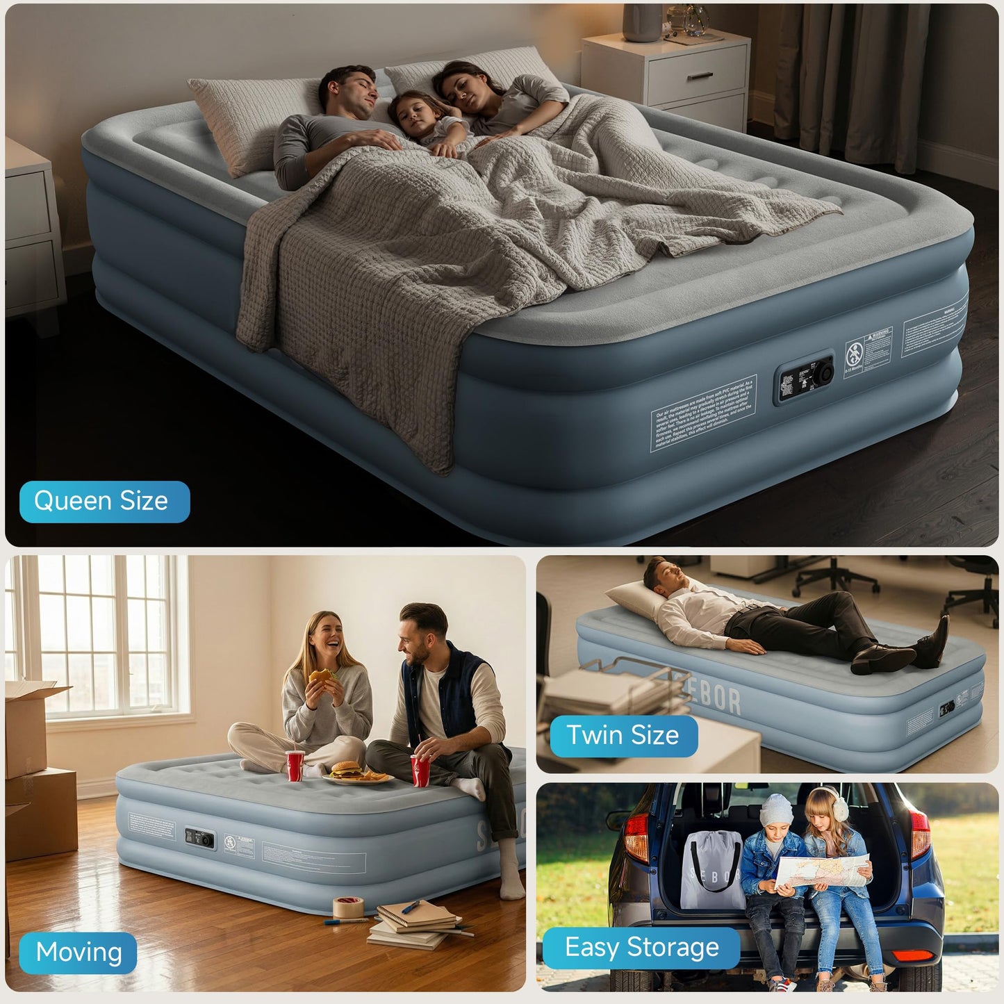 Sebor Air Mattress Twin with Built-in Pump 18", Comfortable Self-Inflating Blow up Mattress with High-Speed Pump, Durable Twin Size Air Mattress with Storage Bag for Guests, Moving, Camping, Travel