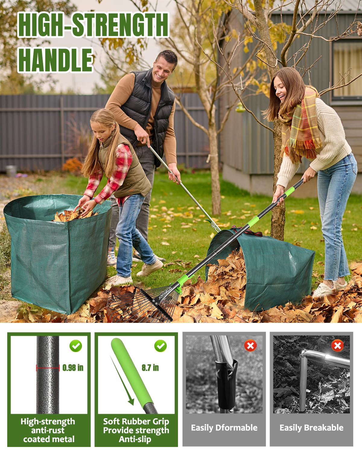 Joyhalo 63.4 Inch Rake for Leaves with 40 Gallon Dustpan-Typ Leaf Bags, Adjustable 18 Tines Metal Leaf Rake Set for Gardening Lawns Yard Outdoor Camping Shrub Grass Bush Grass Clippings