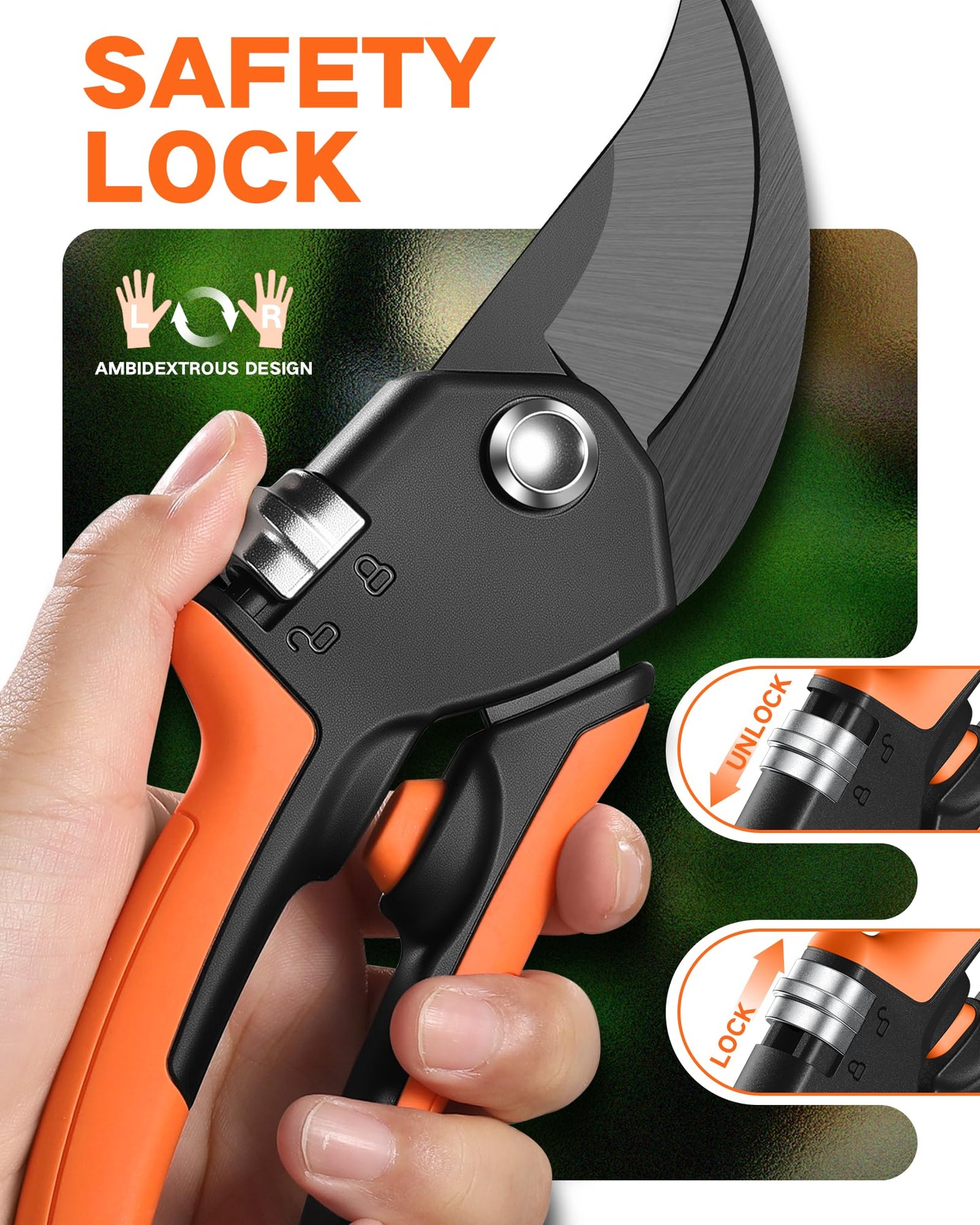 VOTREK 8.5" Pruning Shears for Gardening, 【Unique Stepless Handle Opening】Professional Bypass Garden Clipper, Heavy Duty Plant Pruners for Branch 【SK5 Steel Blades】【All Hand Sizes】,Bright Orange