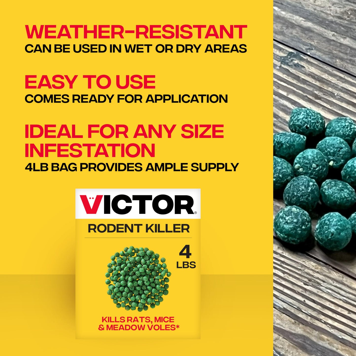 Victor Rat Poisoning for Inside & Outdoor Use - Kills Rats, Mice, Meadow Voles, Mouse Poisoning for Indoor & Outside Areas, Ready-to-Use, Yellow, M925, 4 lbs