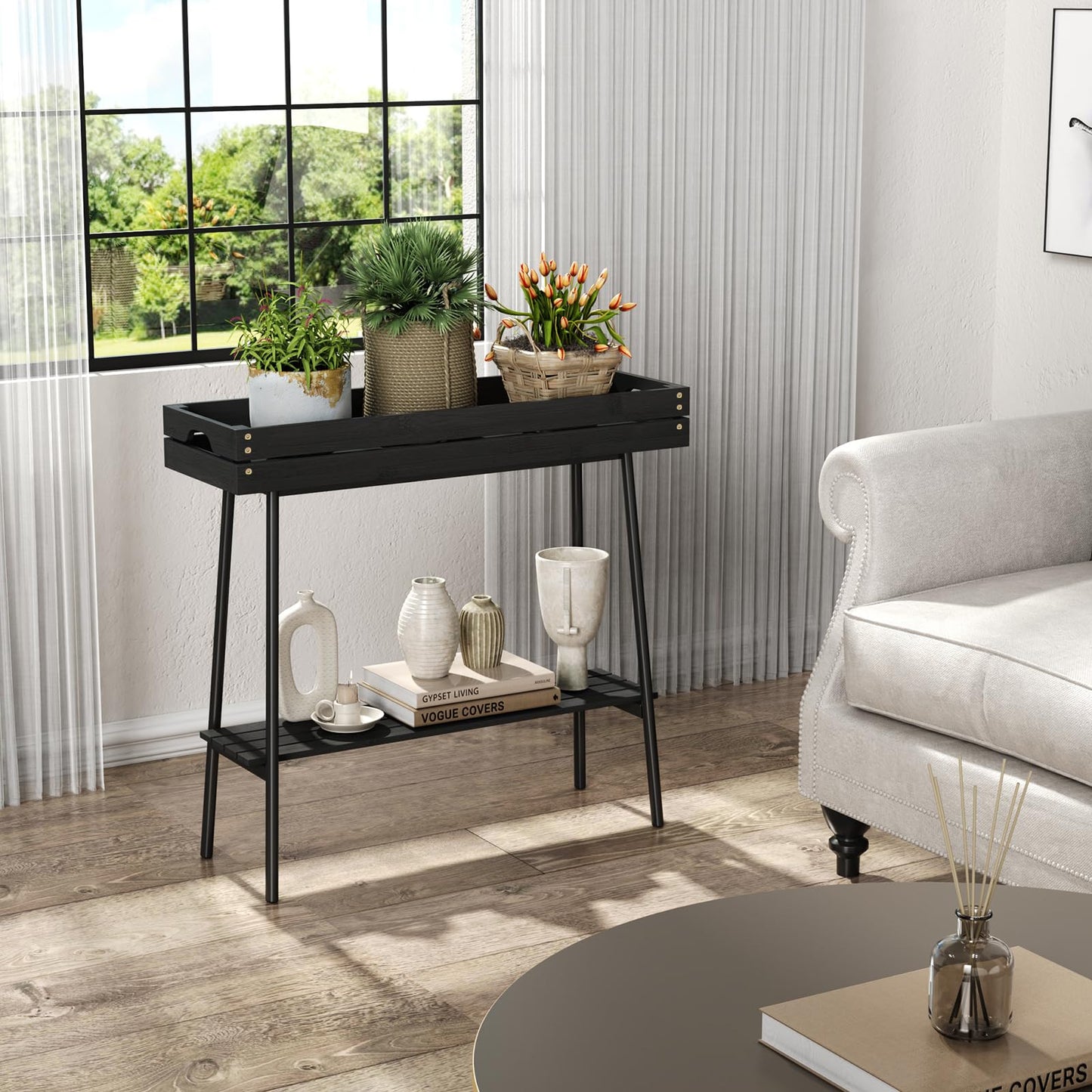 BAMBANG Bamboo Plant Stand Indoor, 2 Tier Small Plant Table, Tall Plant Stand for Indoor Plants, Window Sill Plant Shelf, Flower Pot Holder Plant Bench Plant Rack for Living Room Outdoor, Black