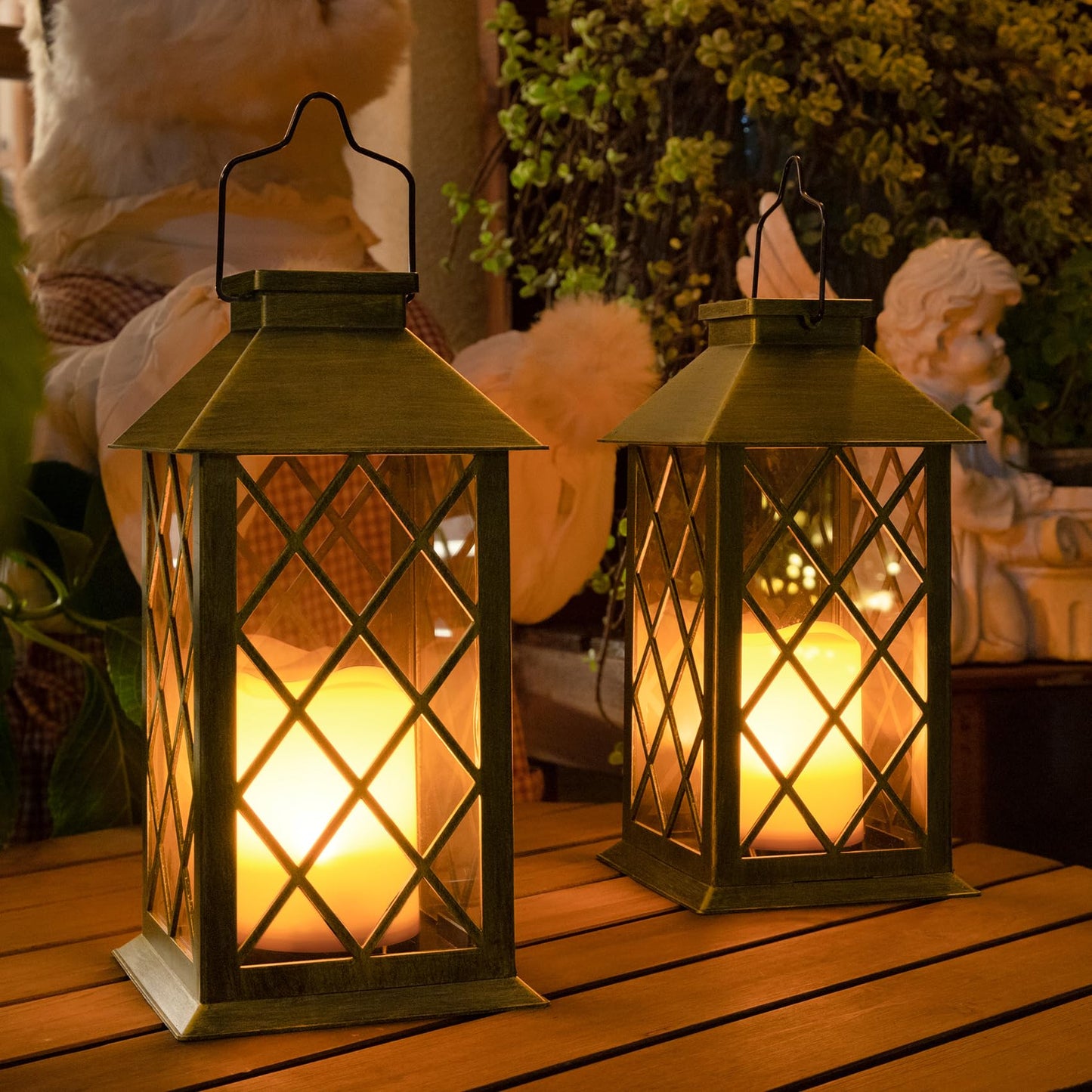 TAKE ME 14" Solar Lanterns Outdoor Waterproof Garden Lanterns Flameless Candle Mission Lights for Table,Outdoor,Party Mothers Day Gifts ( 2 Packs Brush-Painted Antique Bronze Color)
