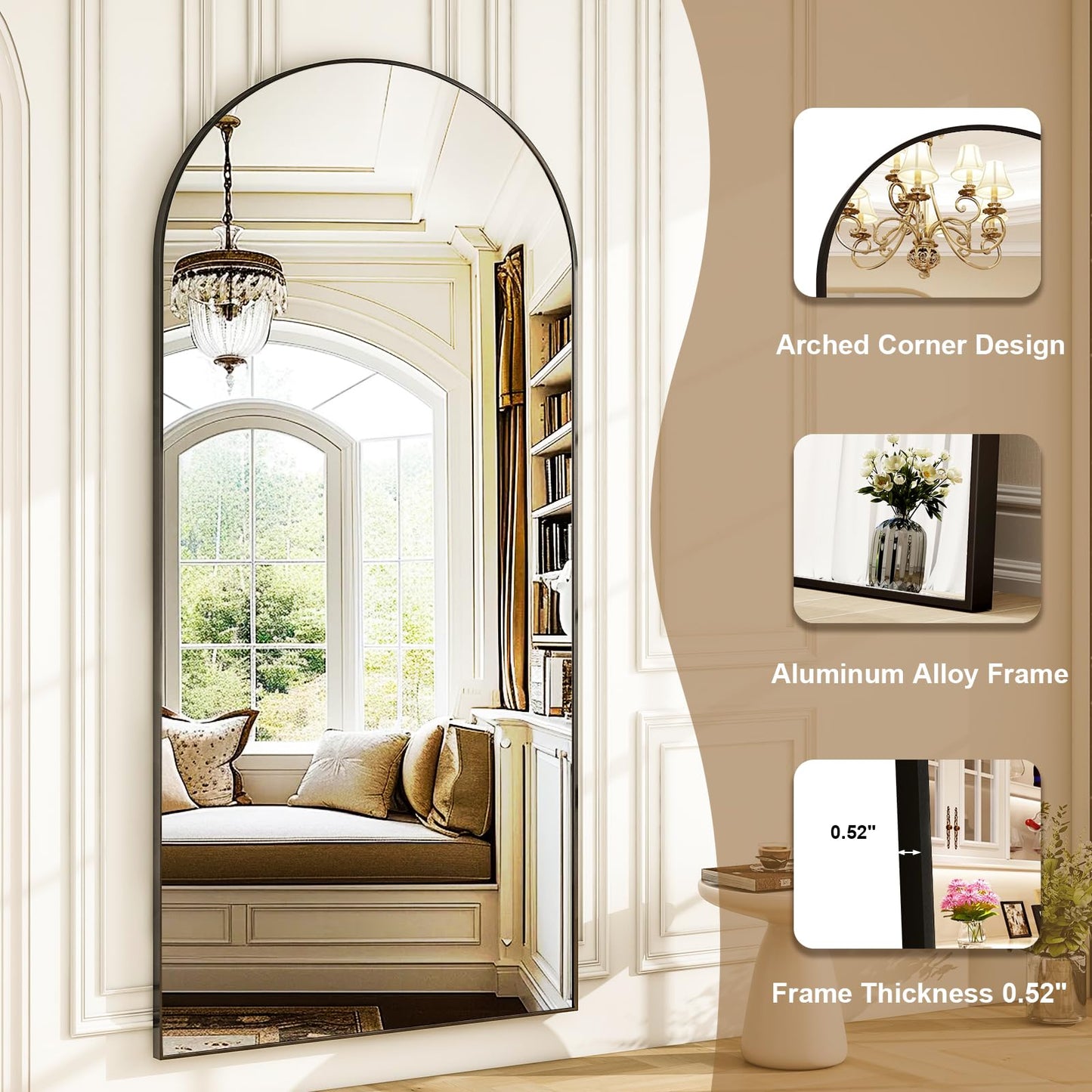 HARRITPURE 78" x 35" Arched Full-Length Mirror - Black Oversized Floor Mirror Free Standing Aluminum Frame Full Body Mirrors for Bedroom Cloakroom