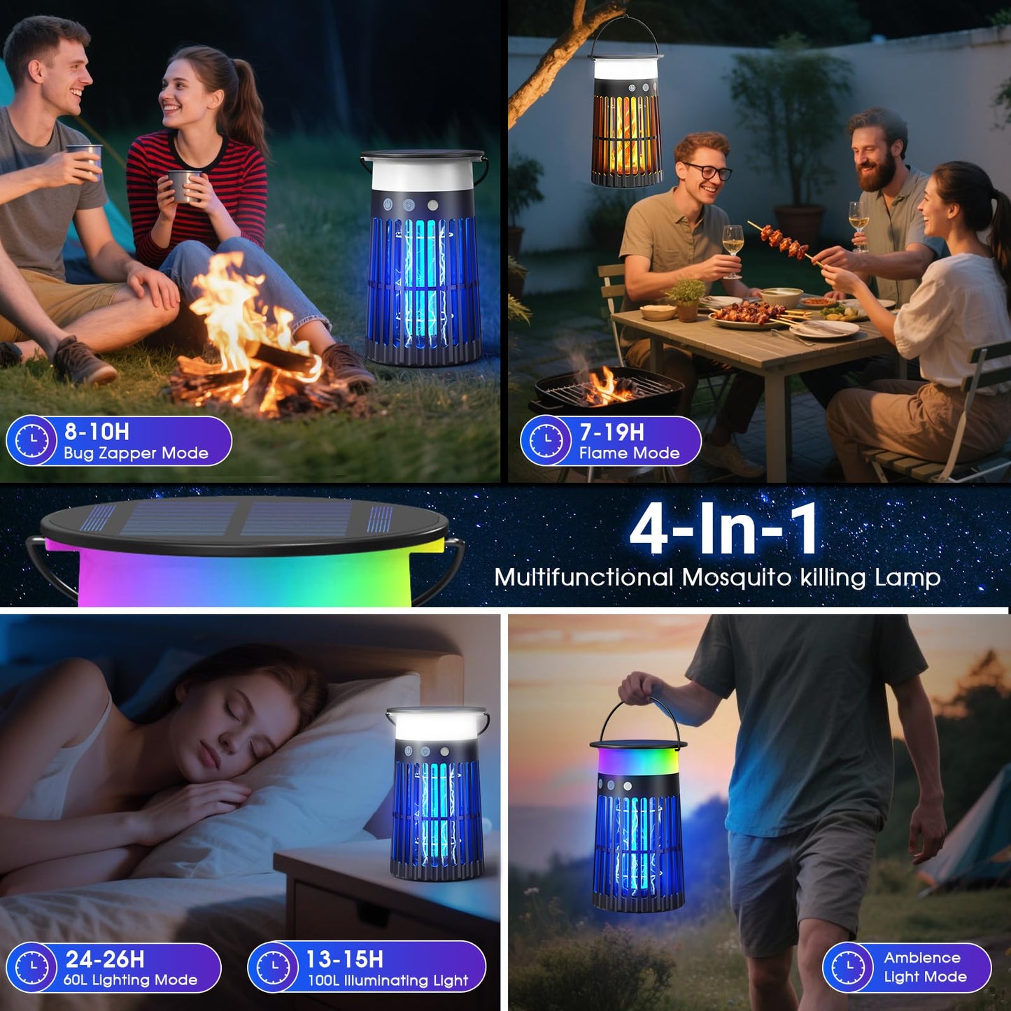 2 Pack Solar Bug Zapper Outdoor, Portable Electric Mosquito Killer Waterproof, Rechargeable Insect Trap with LED Night Light and Flame Effect, Ideal for Outside Patio, Backyard, and Camping