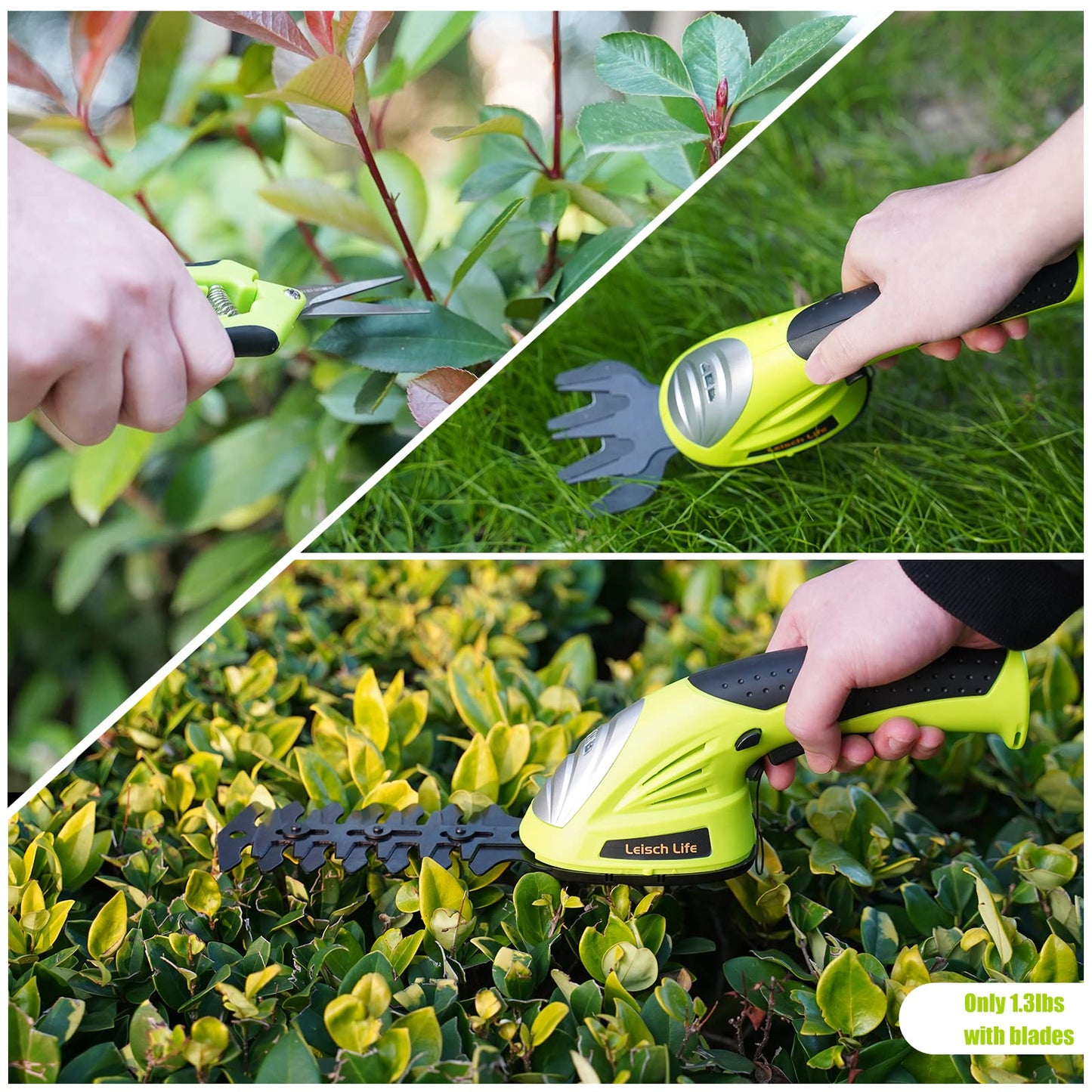 Leisch Life Cordless Grass Shear & Shrubbery Trimmer - 7.2V 2 in 1 Handheld Hedge Trimmer Electric Grass Trimmer Hedge Shears w/Pruning Scissor Rechargeable Lithium-Ion Battery and Charger Included